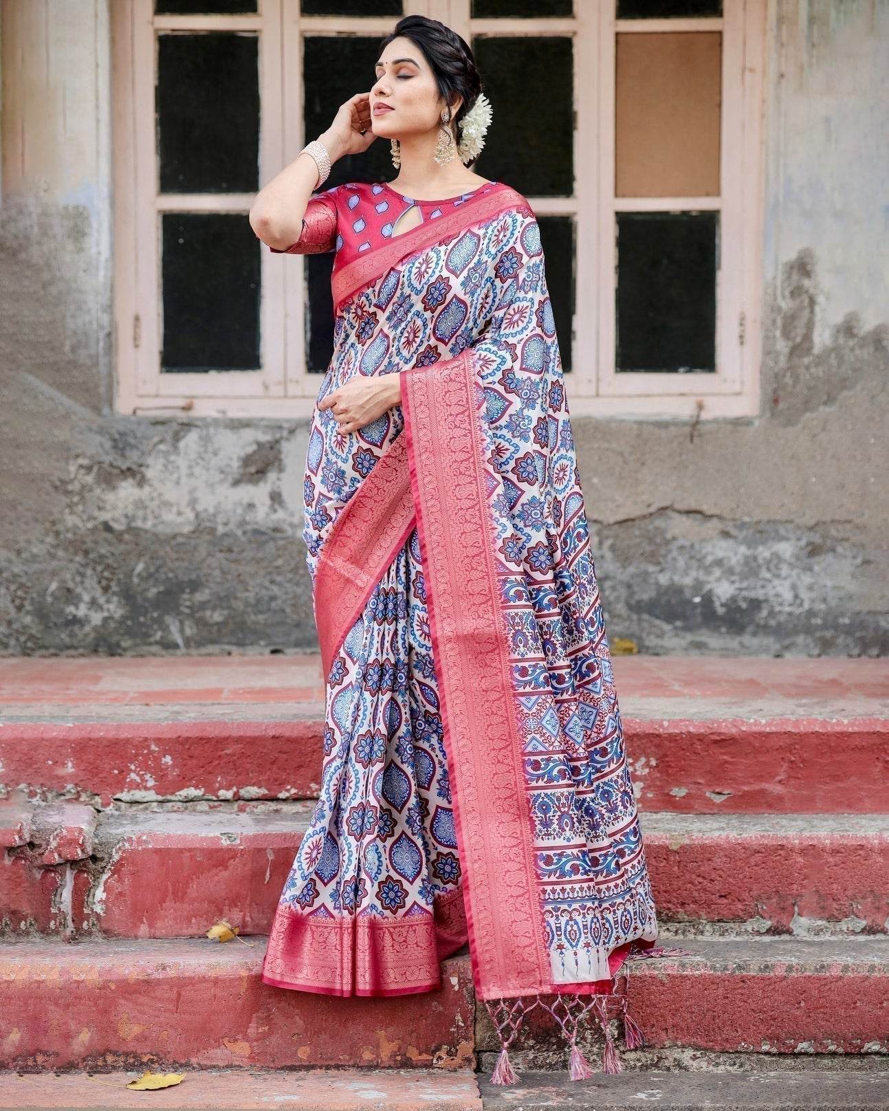 White and Red Tussar Silk Saree with Vibrant Floral Geometric Motifs and Ornamental Zari Border - SEEANS