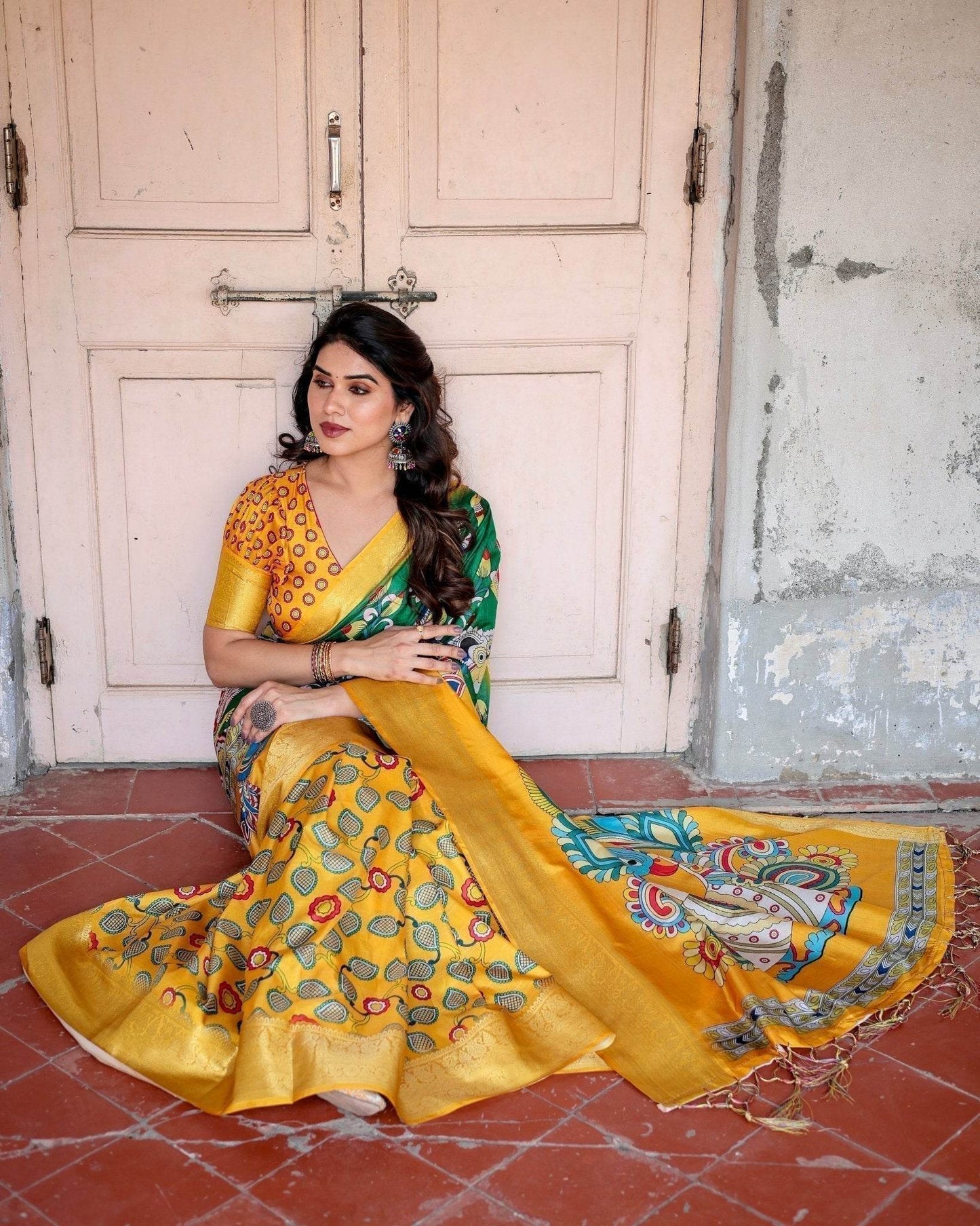 Golden Yellow Tussar Silk Saree with Vibrant Peacock Kalamkari Motifs - SEEANS