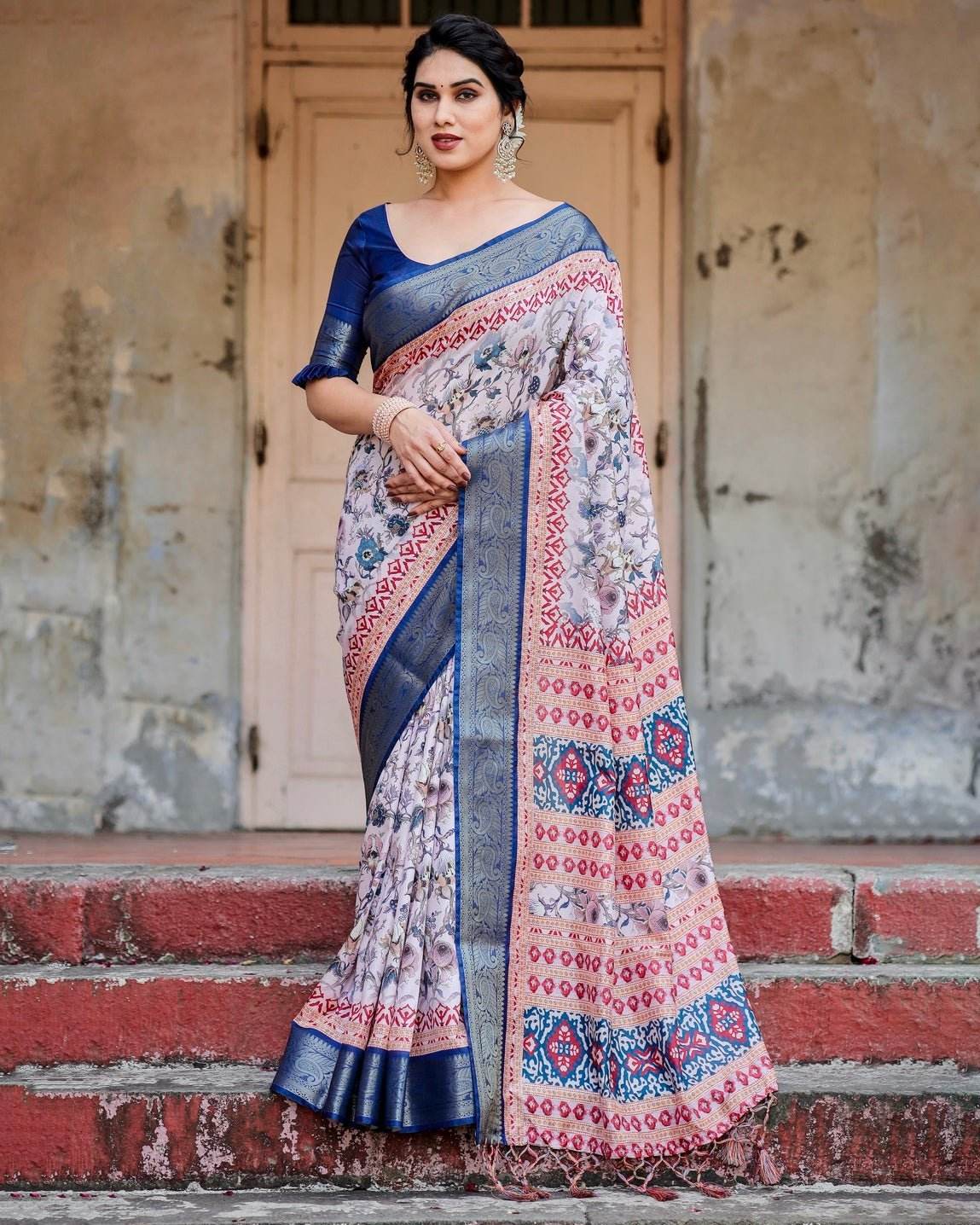 Ivory and Navy Blue Tussar Silk Saree with Floral Elegance and Ornamental Zari Work - SEEANS