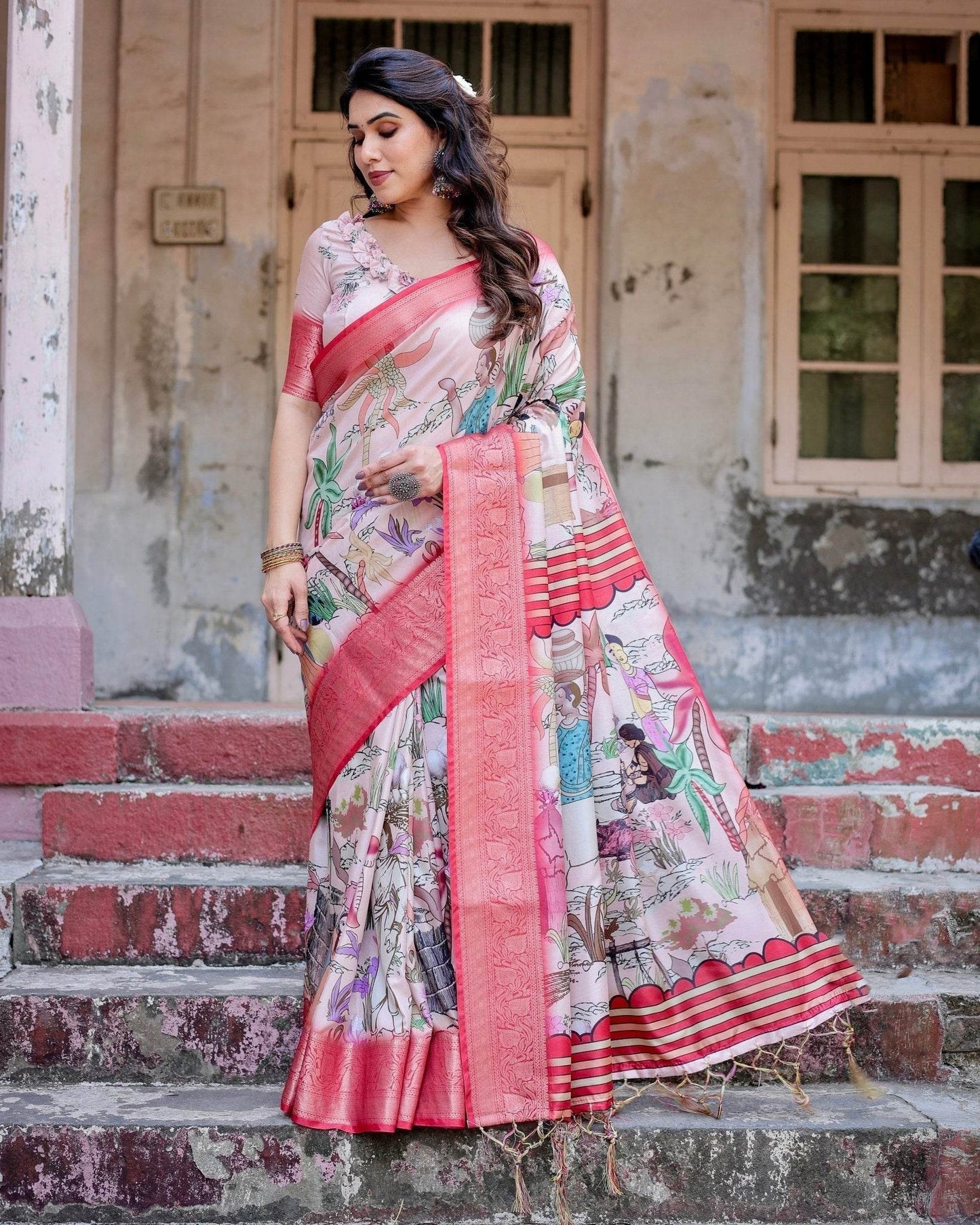 Blush Pink Digital Print Tussar Silk Saree with Vibrant Storyline Art - SEEANS