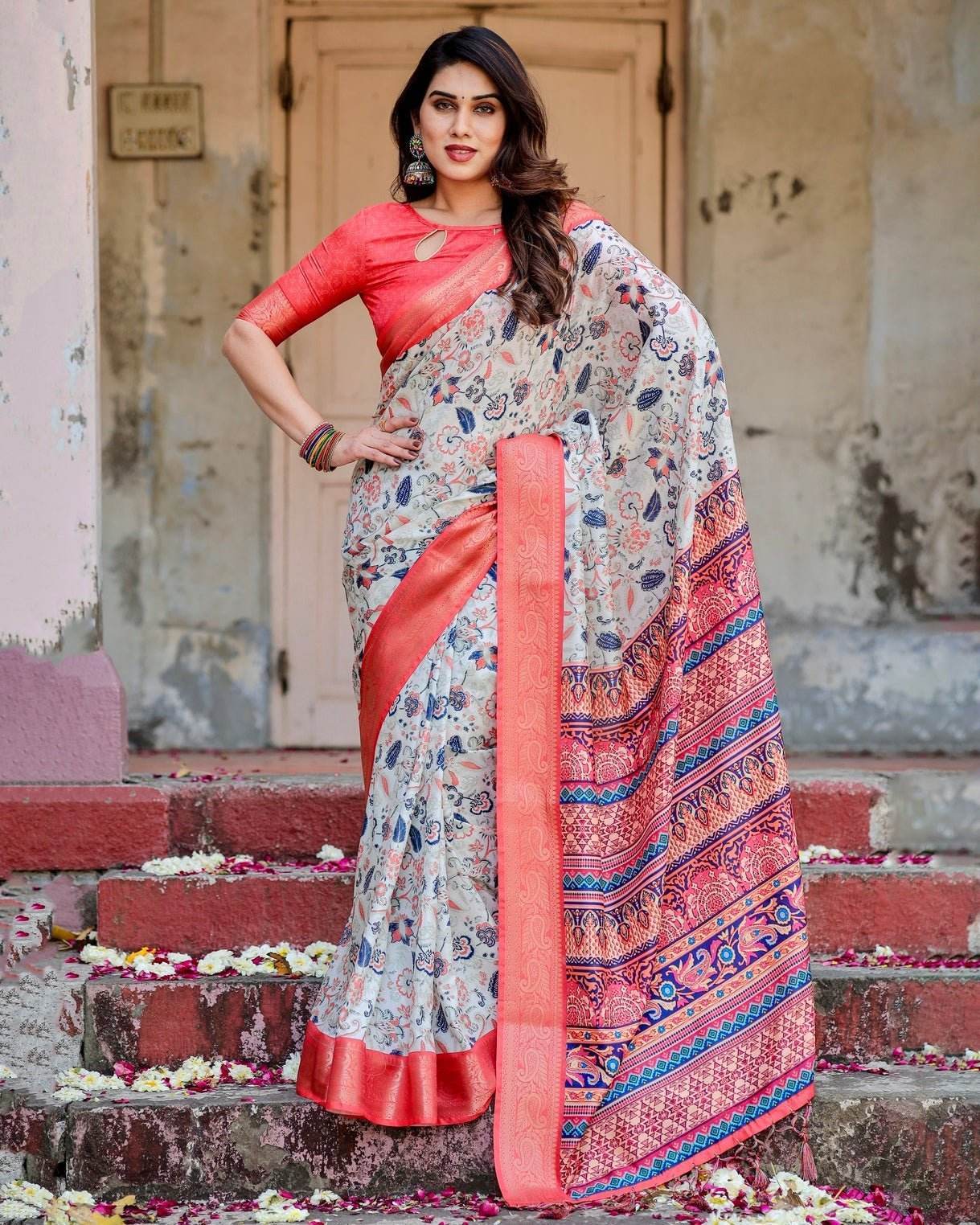 Ivory Tussar Silk Saree with Coral Zari Border and Intricate Floral Motifs - SEEANS