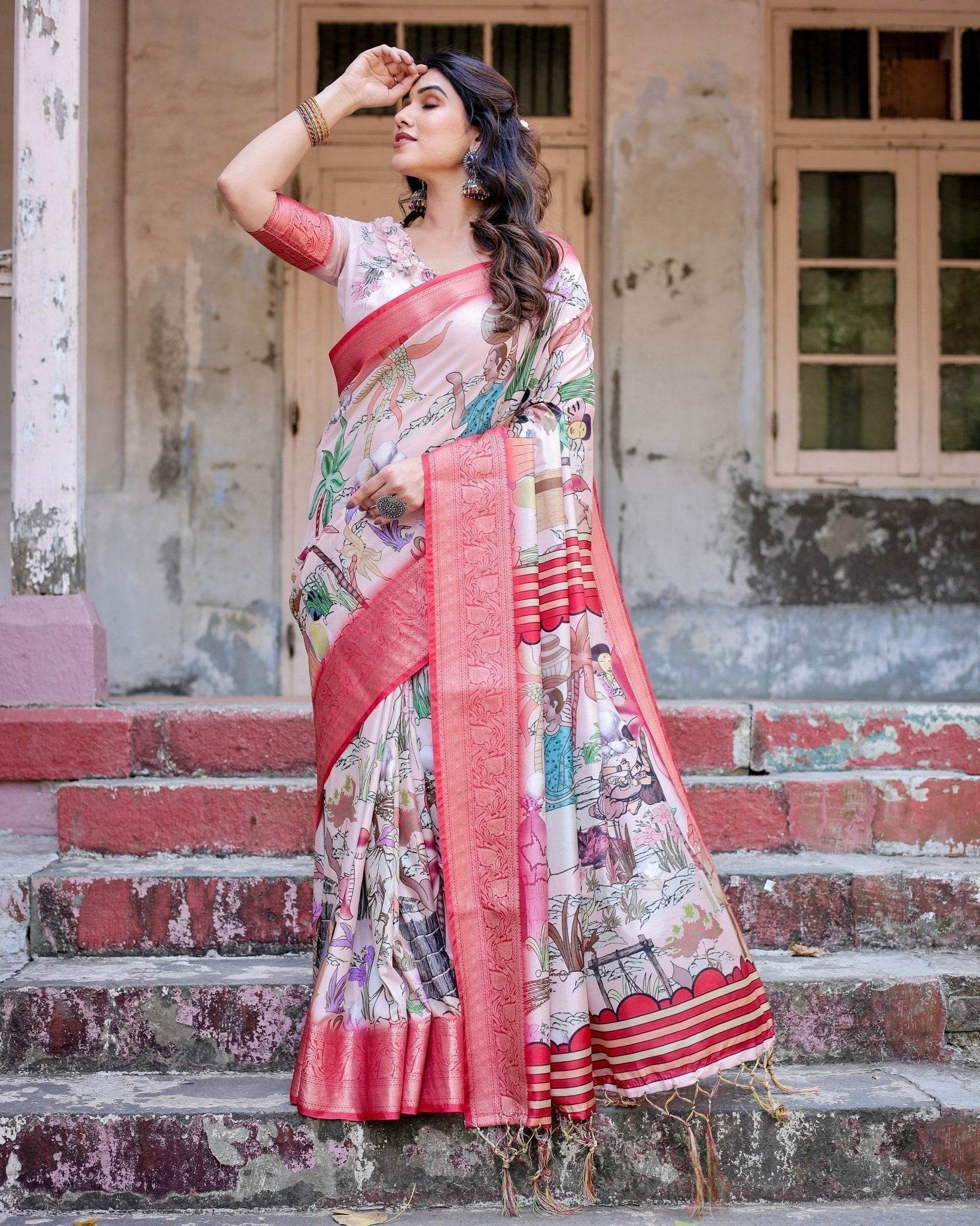 Blush Pink Digital Print Tussar Silk Saree with Vibrant Storyline Art - SEEANS