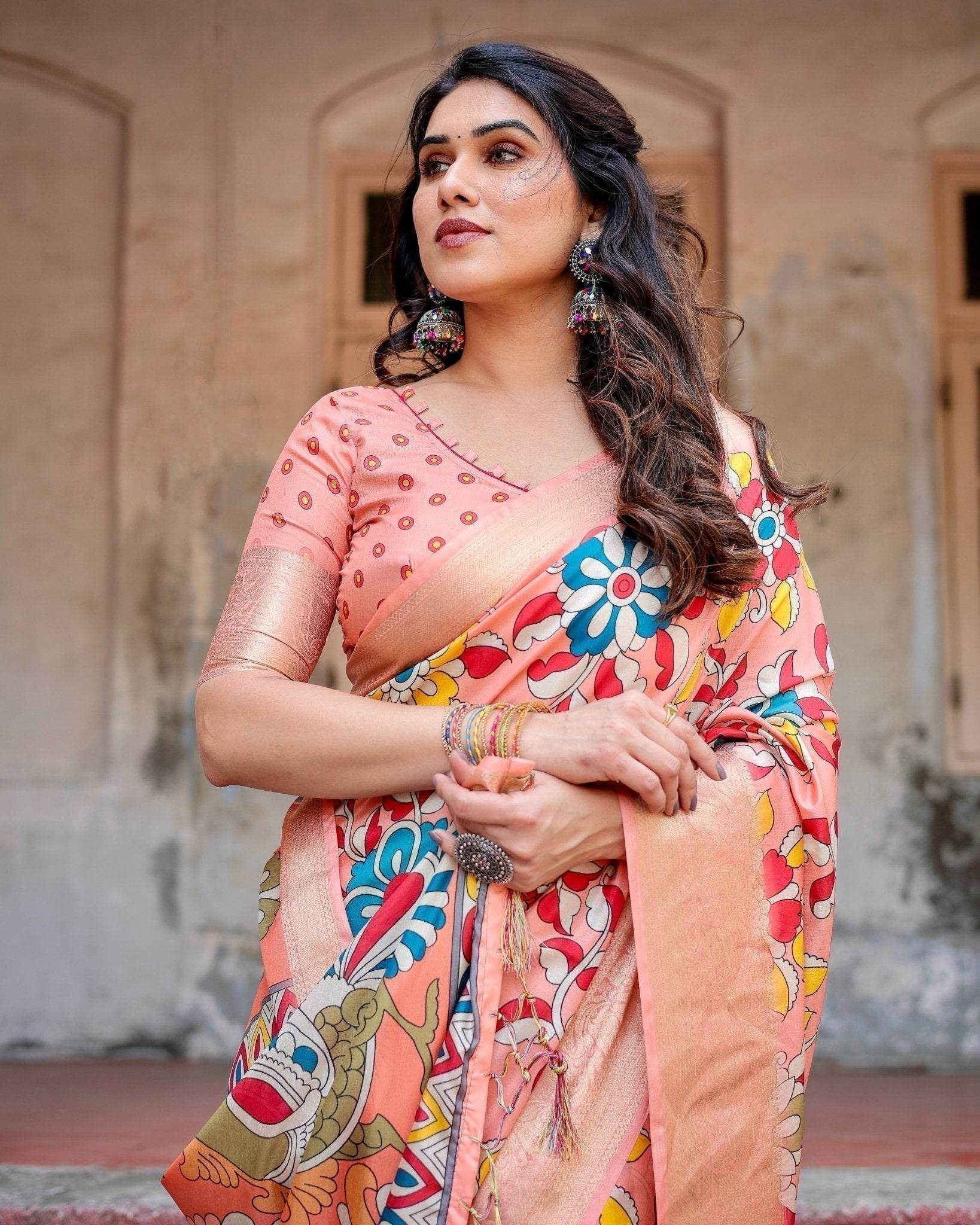 Peach Tussar Silk Saree with Vibrant Floral Kalamkari and Zari Highlights - SEEANS