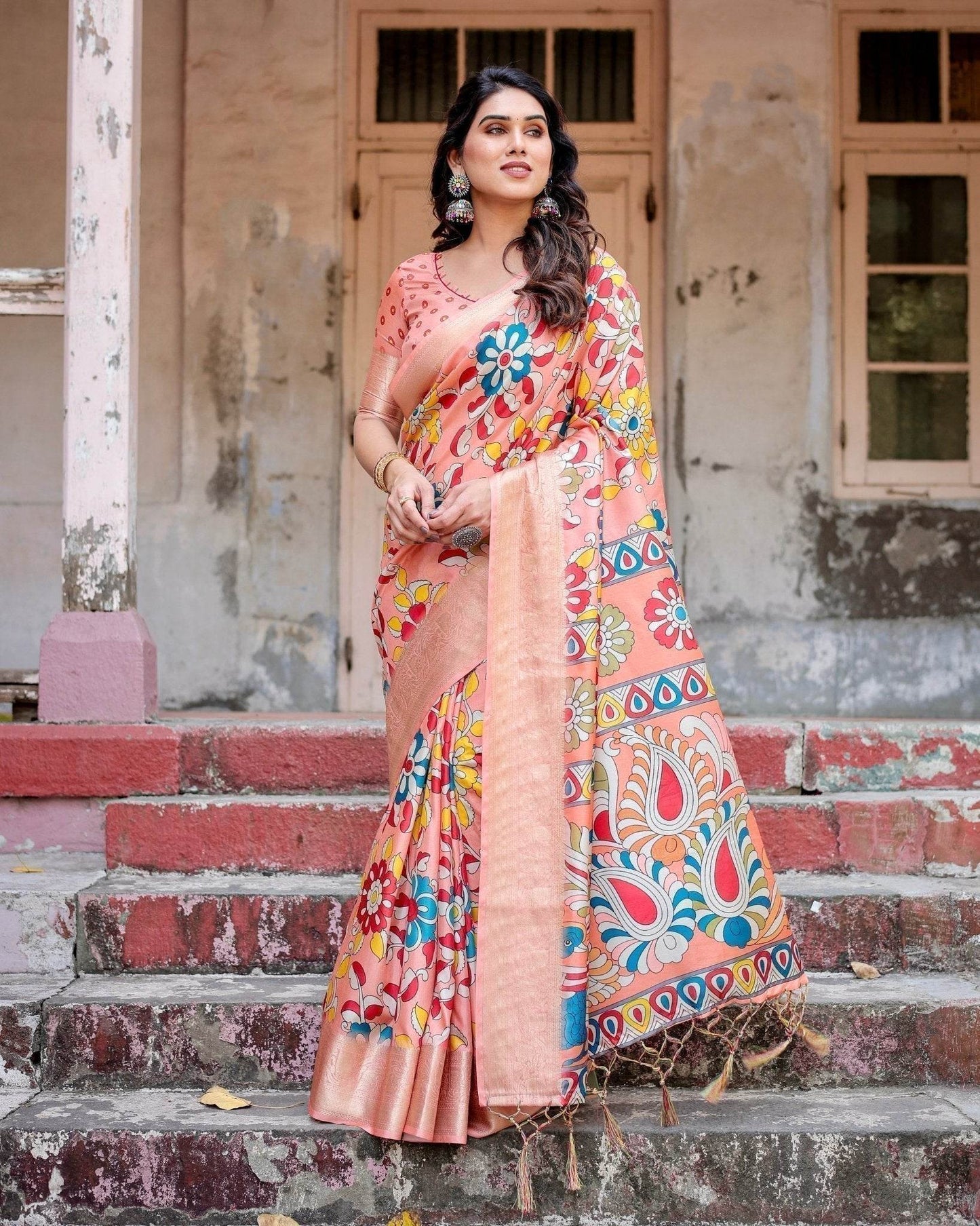 Peach Tussar Silk Saree with Vibrant Floral Kalamkari and Zari Highlights - SEEANS