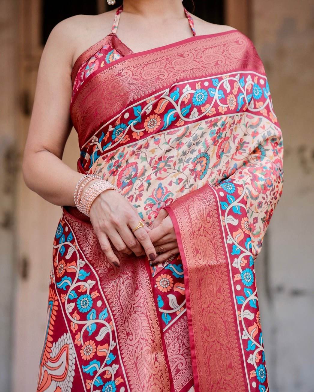 Beige and Coral Tussar Silk Saree with Intricate Floral Prints and Artistic Pallu - SEEANS