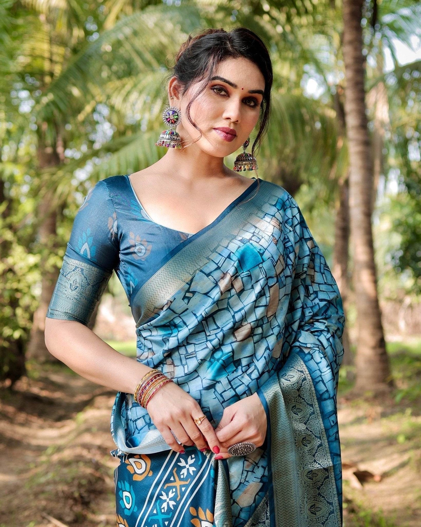 Mesmerizing Blue Tussar Silk Saree with Golden Zari Border and Mosaic-Inspired Pallu Design - SEEANS