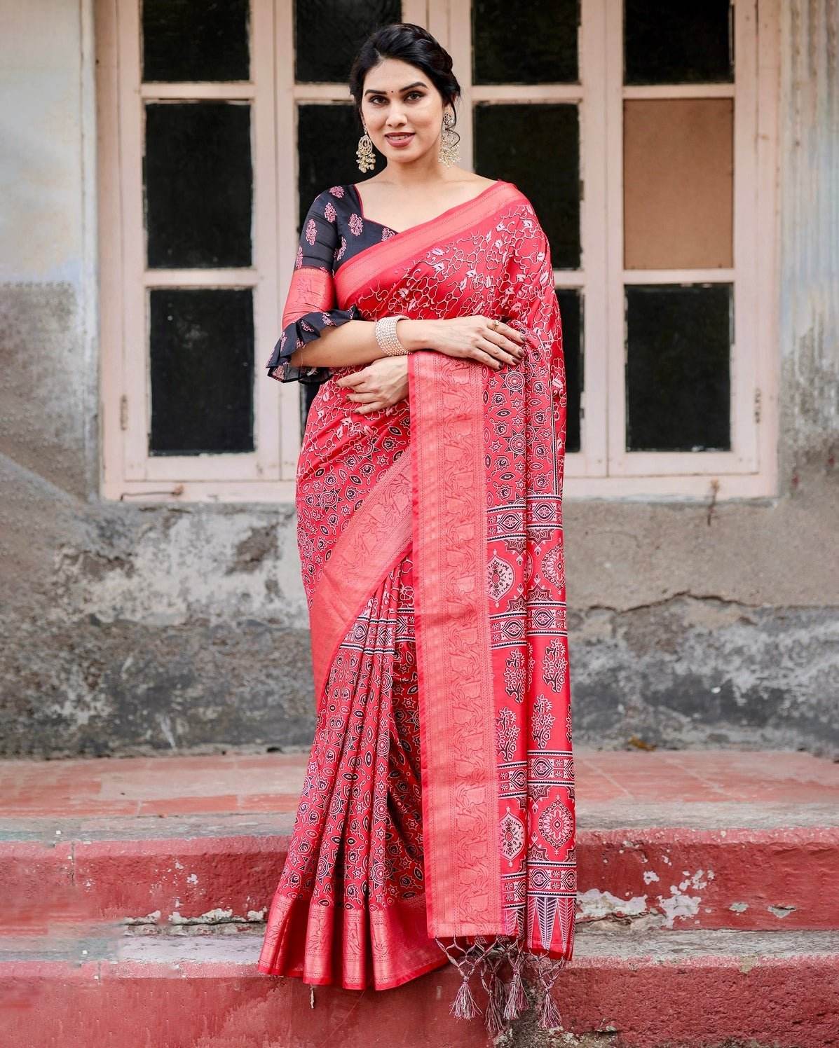 Fiery Red Tussar Silk Saree with Ornamental Motifs and Detailed Zari Pallu - SEEANS