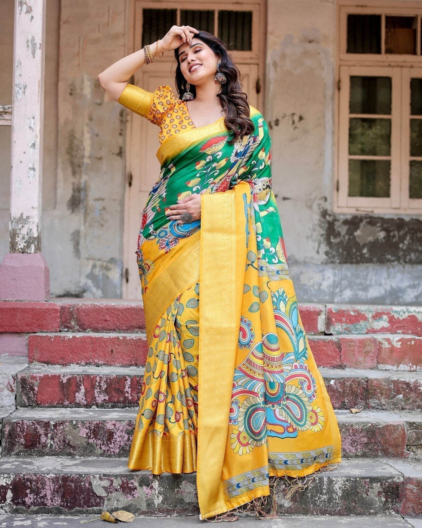 Golden Yellow Tussar Silk Saree with Vibrant Peacock Kalamkari Motifs - SEEANS