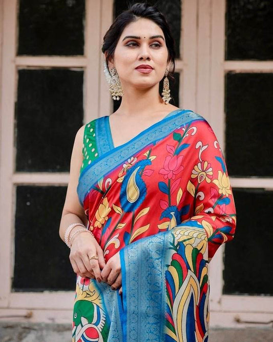 Multicolor Tussar Silk Saree with Vibrant Peacock and Floral Motifs - SEEANS