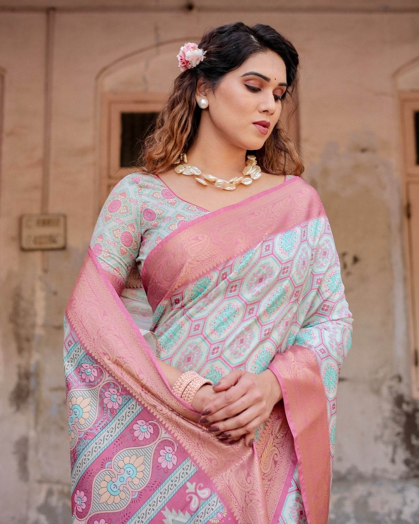 Pastel Pink and Mint Green Geometric Tussar Silk Saree with Zari Paisley Border - SEEANS