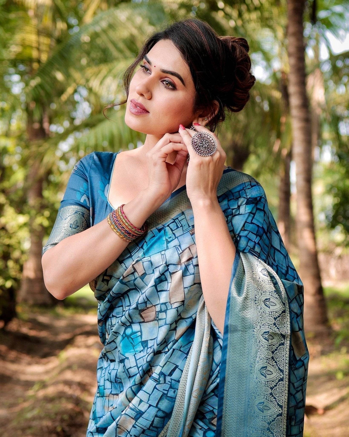 Mesmerizing Blue Tussar Silk Saree with Golden Zari Border and Mosaic-Inspired Pallu Design - SEEANS