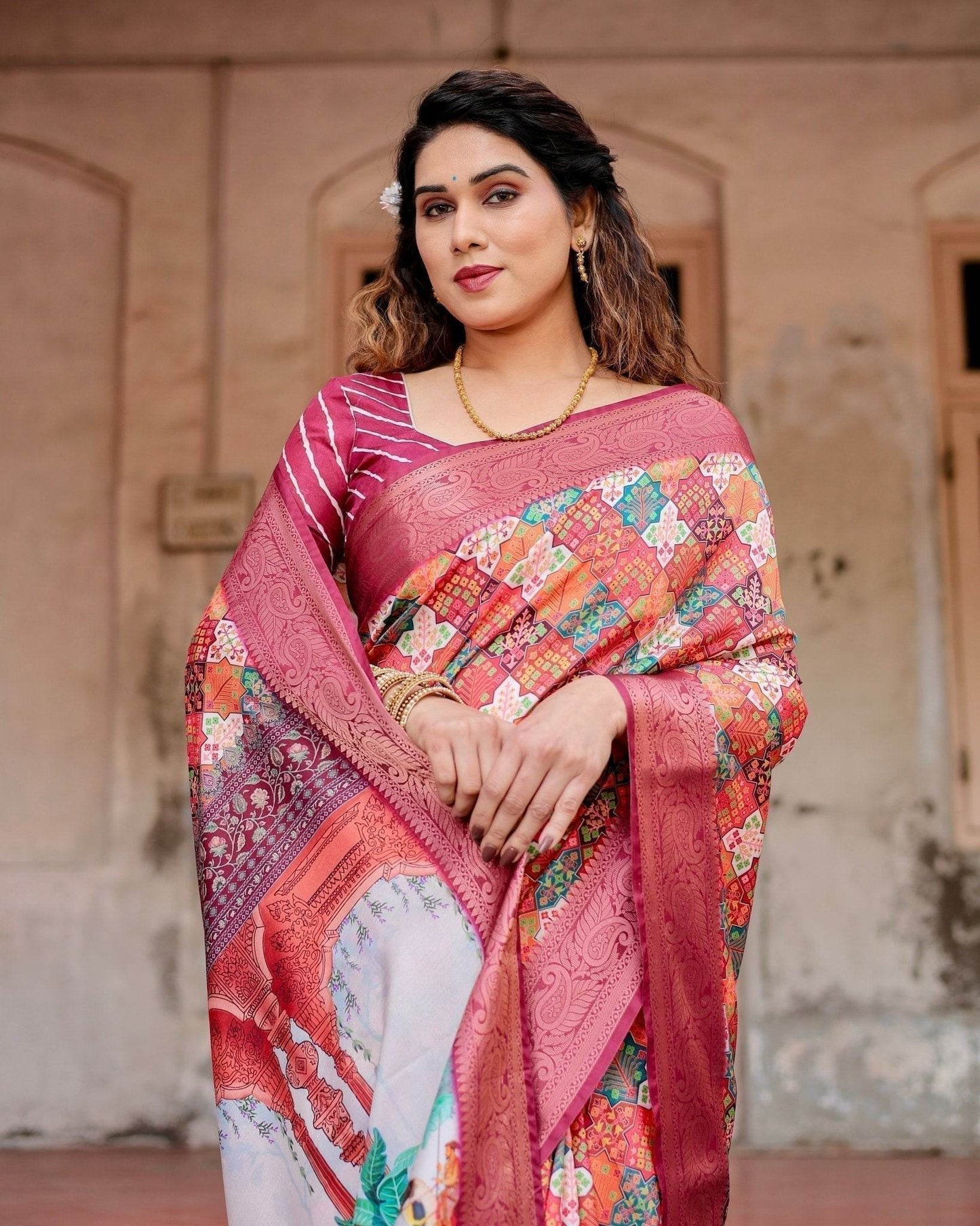 Maroon Tussar Silk Saree with Vibrant Geometric Tile Print and Zari Paisley Border - SEEANS