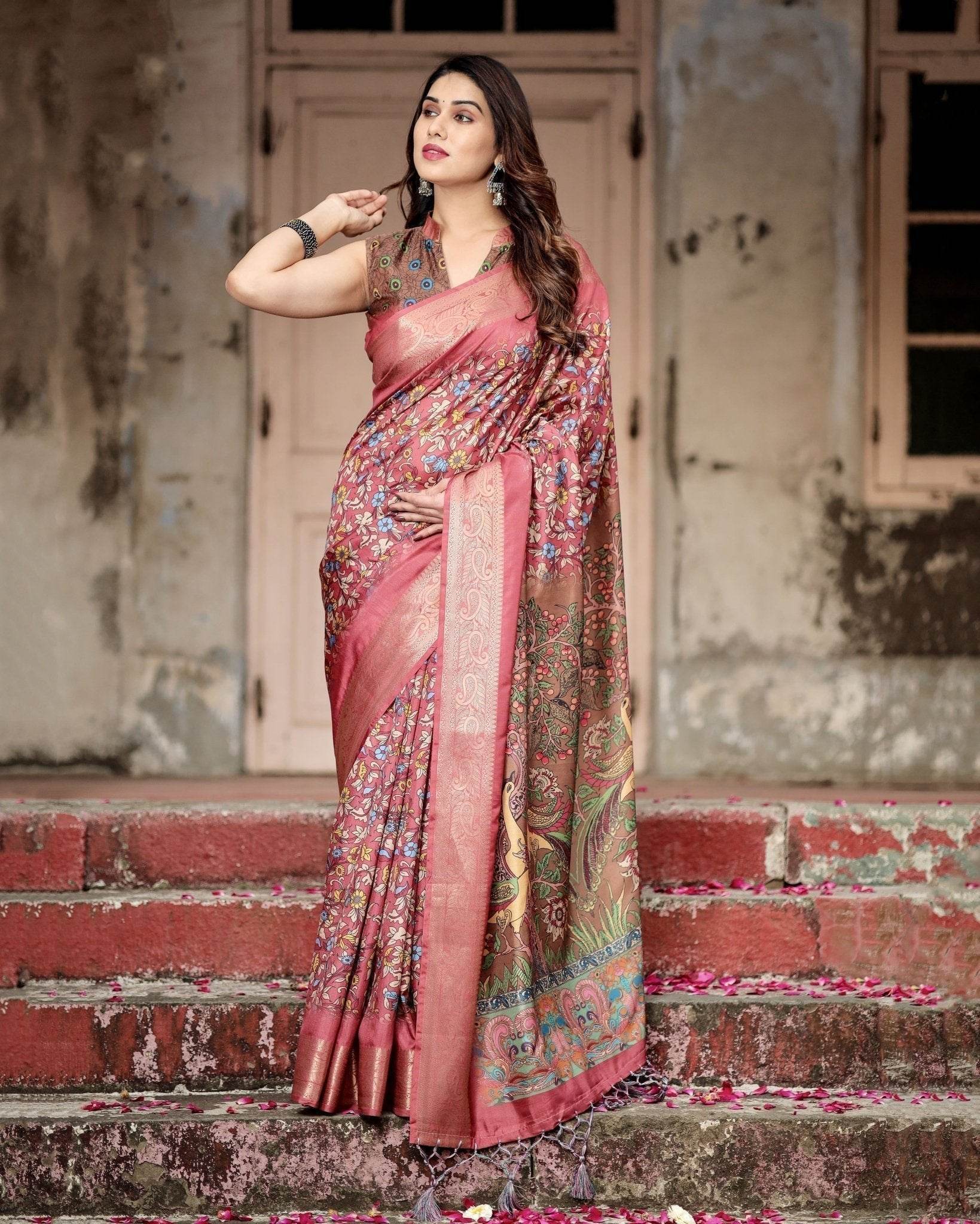 Rich Maroon Digital Print Saree with Antique Floral Design and Elegant Tassels - SEEANS