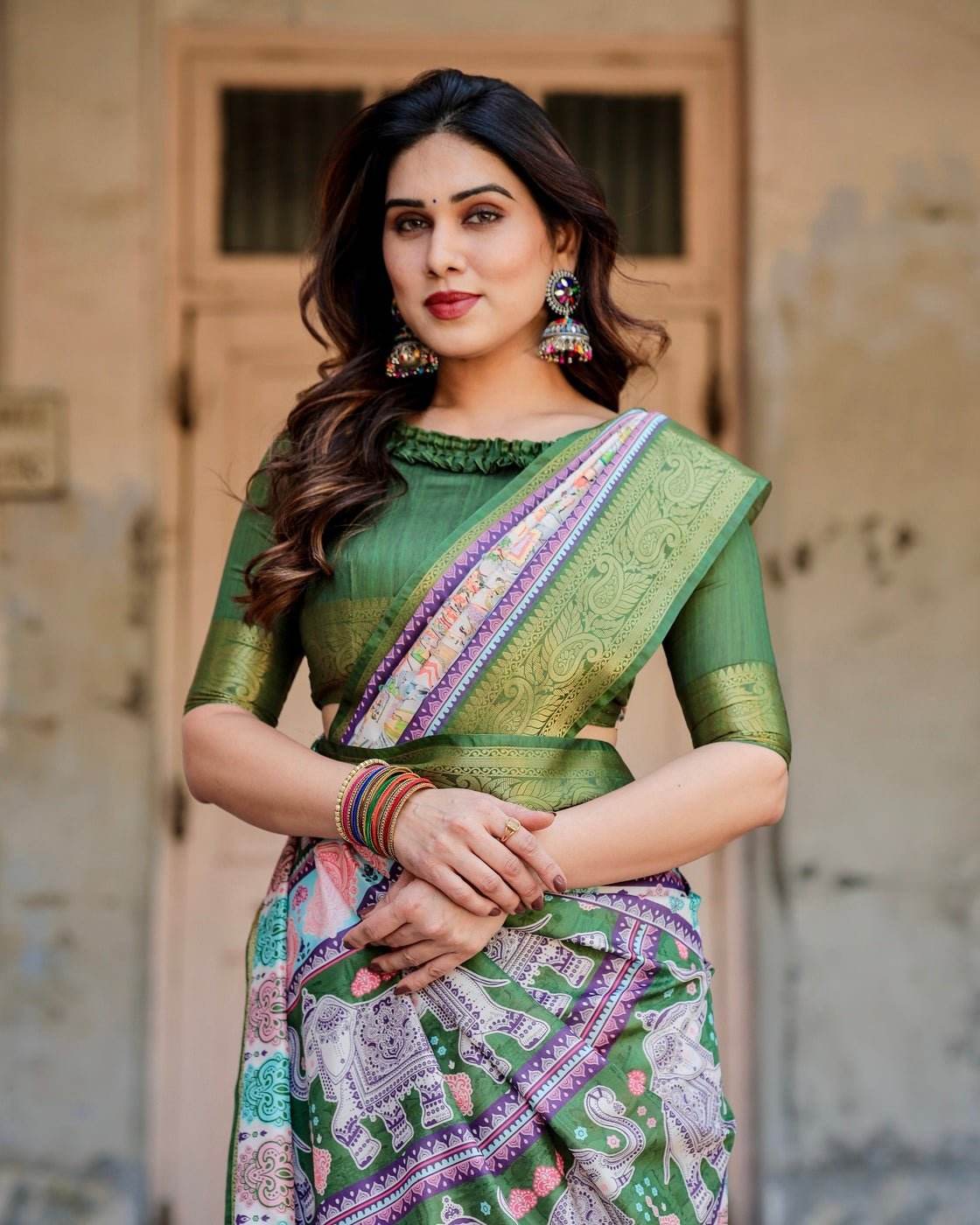 Ivory and Green Tussar Silk Saree with Elephant Motifs and Intricate Zari Border - SEEANS