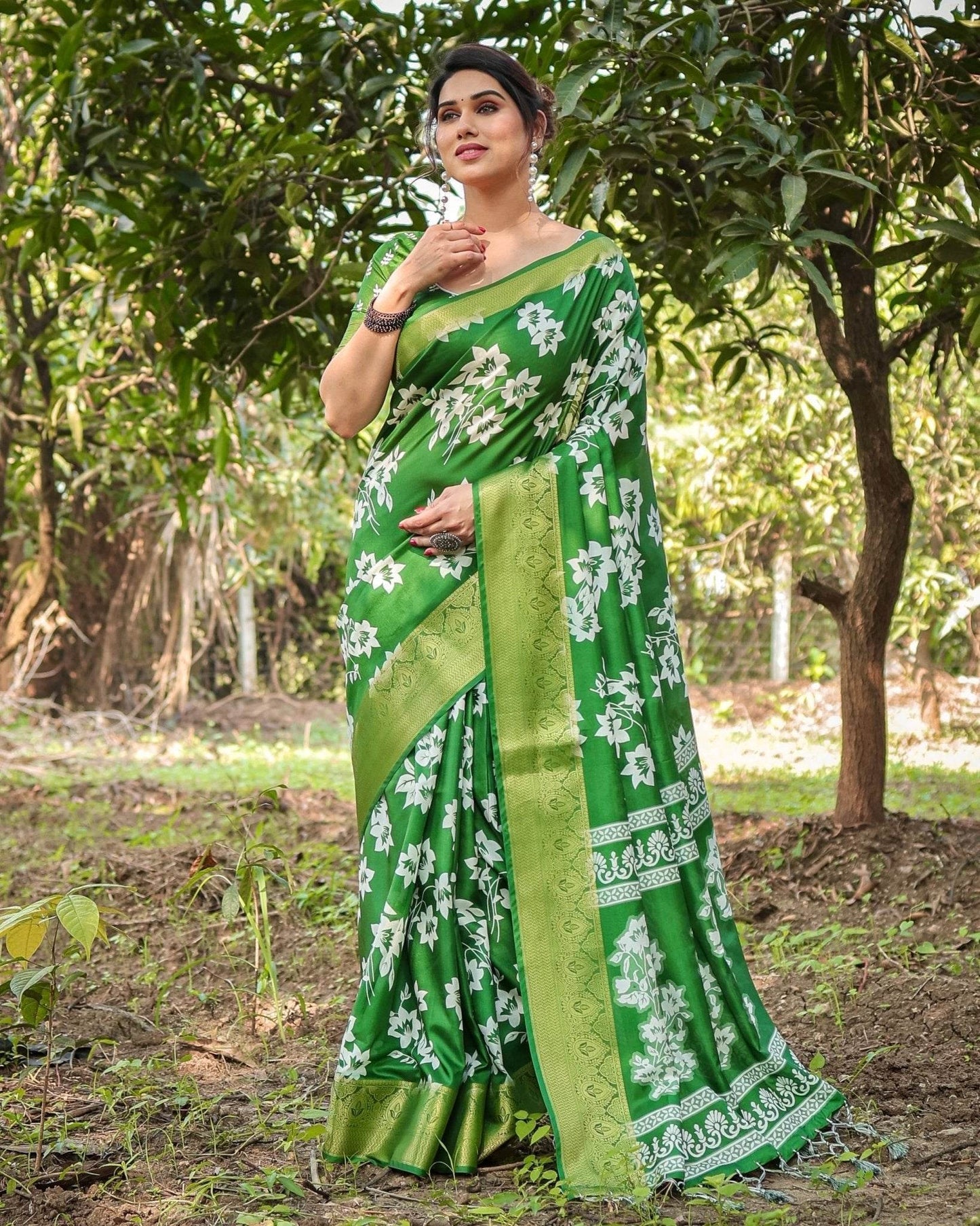 Enchanting Green Tussar Silk Saree with White Floral Prints and Zari Border - SEEANS