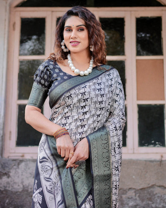 Monochrome White and Black Tussar Silk Saree with Tribal Art Motifs and Zari Border - SEEANS