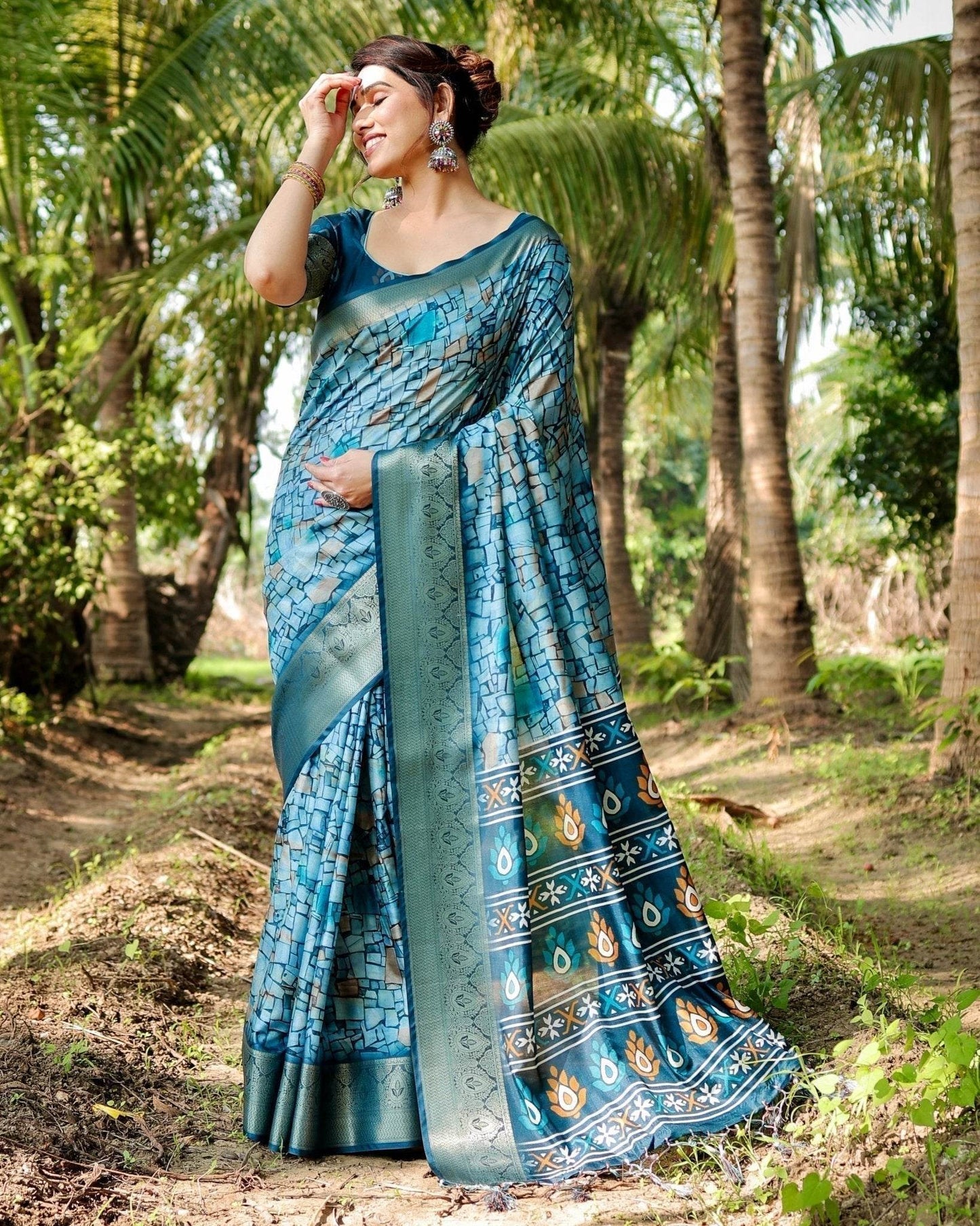 Mesmerizing Blue Tussar Silk Saree with Golden Zari Border and Mosaic-Inspired Pallu Design - SEEANS