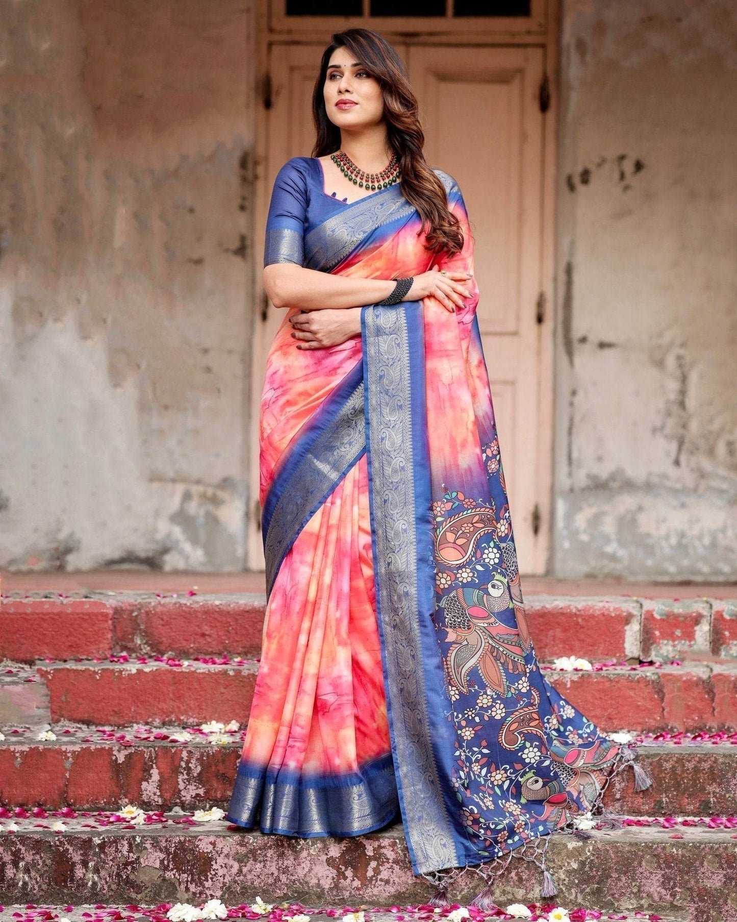 Pink and Blue Digital Printed Saree with Peacock Motif and Tassel Detail - SEEANS