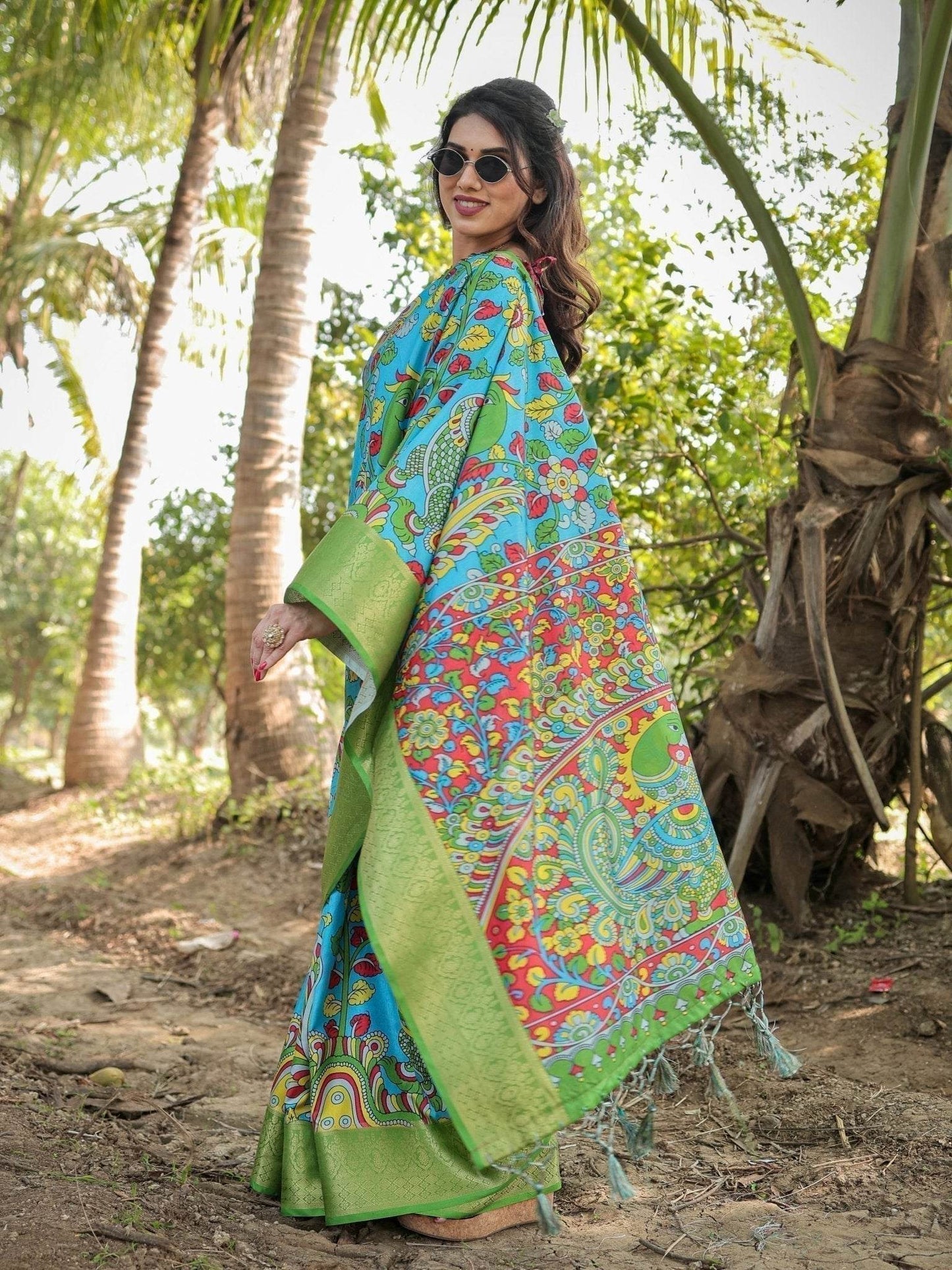 Vibrant Peacock Motif Blue and Green Tussar Silk Saree with Zari Border - SEEANS