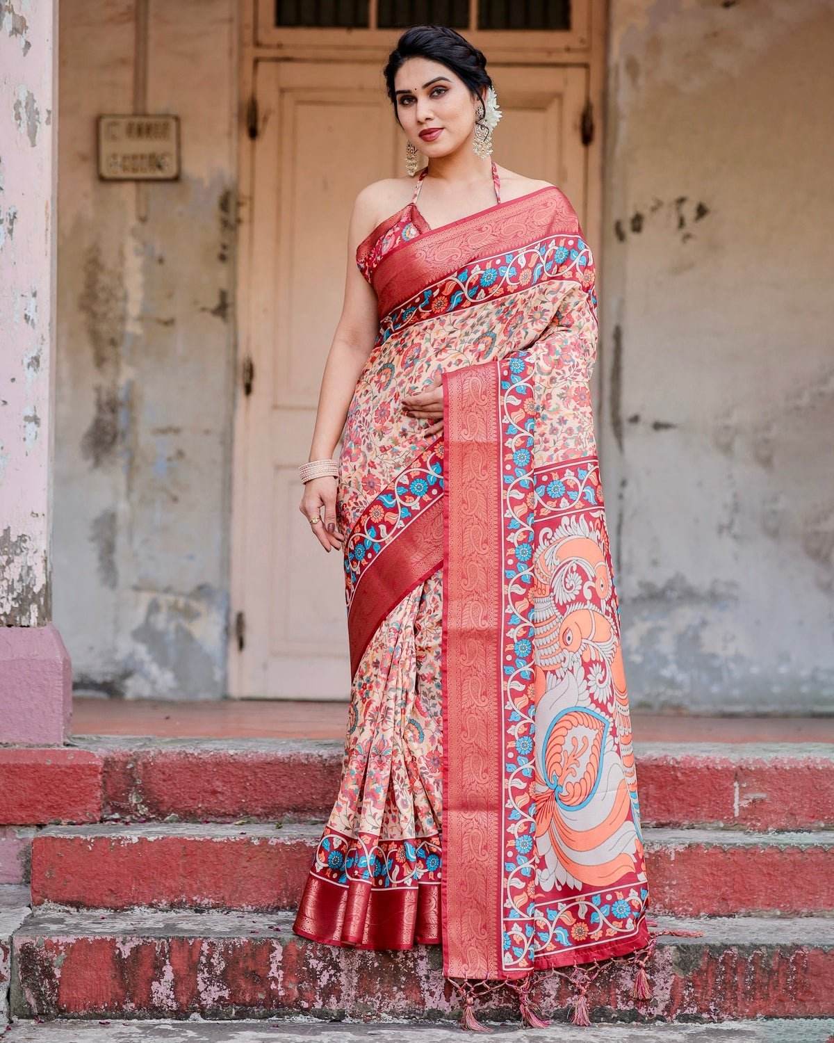 Beige and Coral Tussar Silk Saree with Intricate Floral Prints and Artistic Pallu - SEEANS