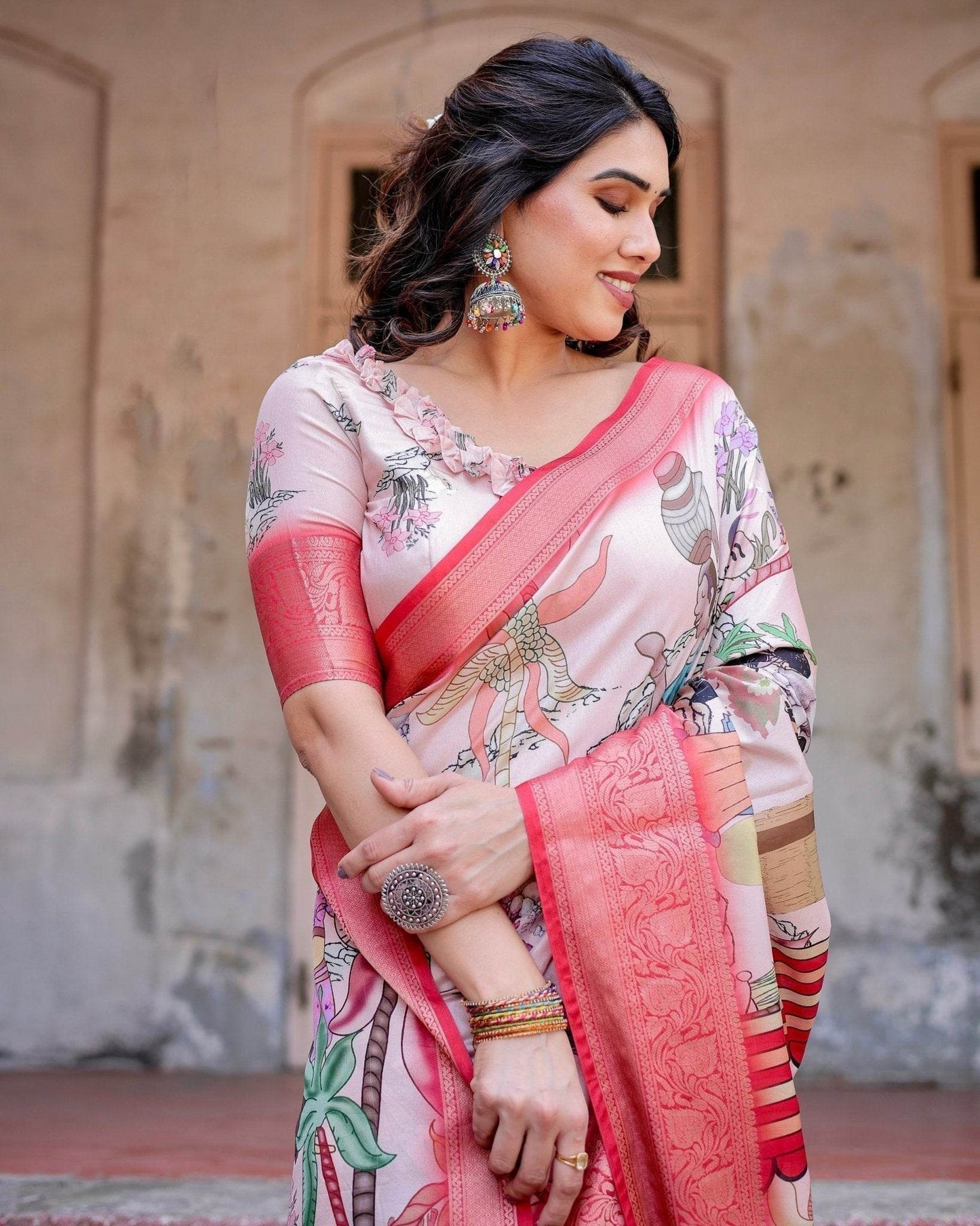 Blush Pink Digital Print Tussar Silk Saree with Vibrant Storyline Art - SEEANS