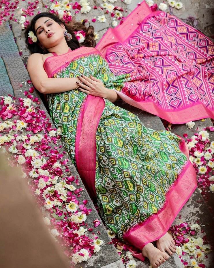 Green and Pink Tussar Silk Saree with Vibrant Ikat Patterns and Zari Border - SEEANS