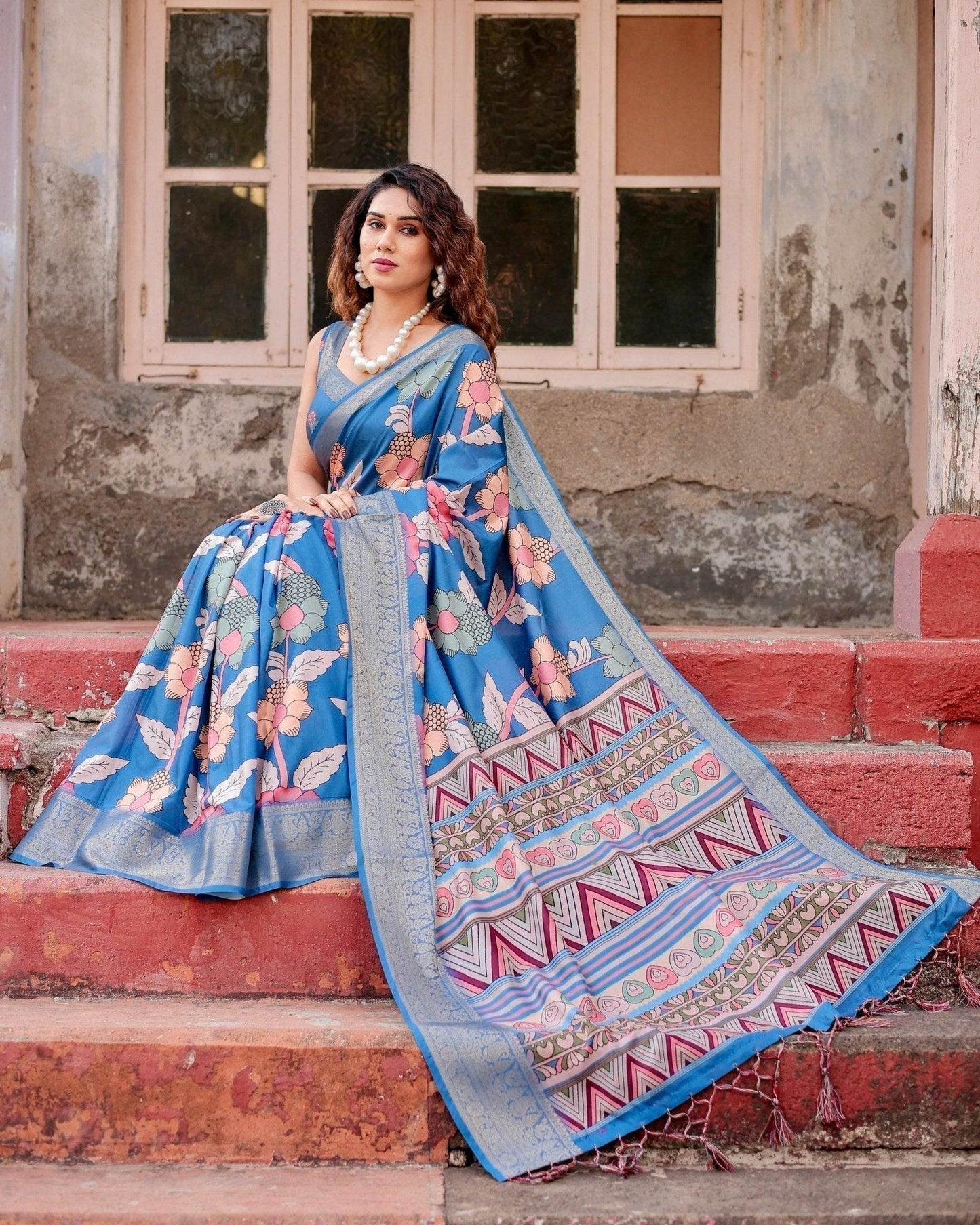 Sky Blue Tussar Silk Saree with Bold Floral Motifs and Chevron Pallu Design - SEEANS