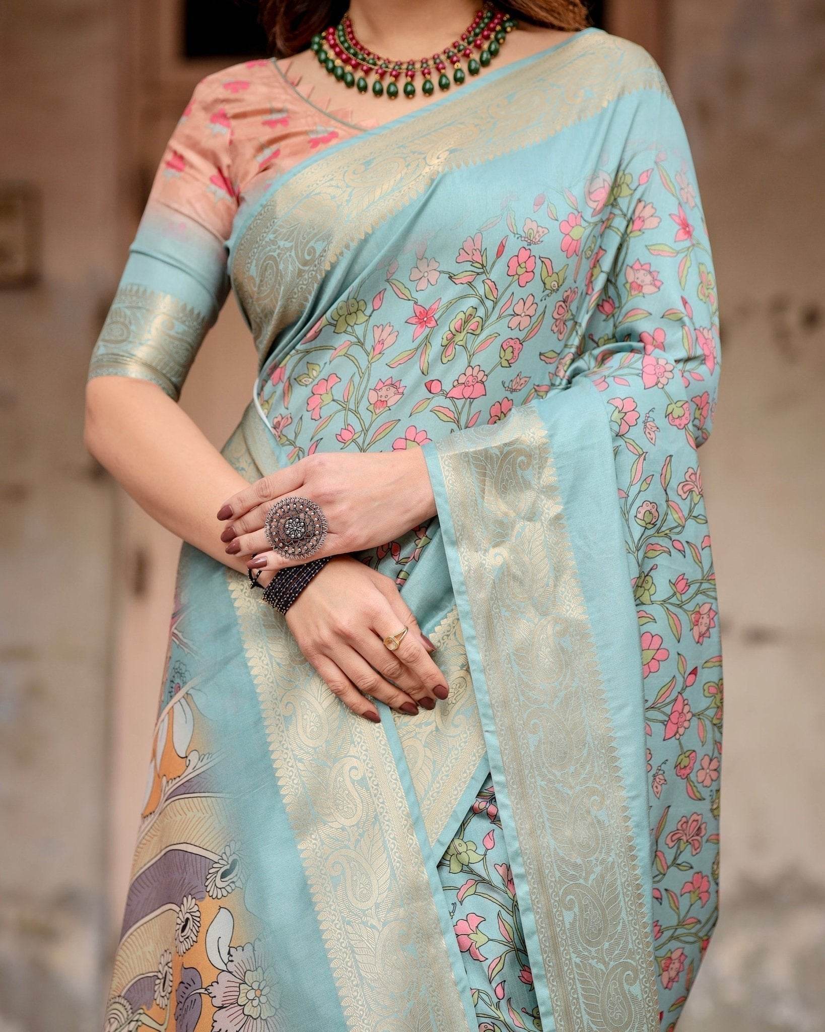 Sky Blue Tussar Silk Saree with Intricate Zari Border and Artistic Pallu Design - SEEANS