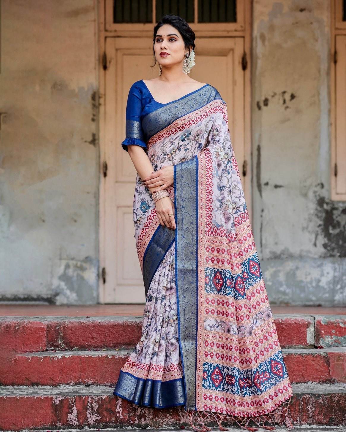 Ivory and Navy Blue Tussar Silk Saree with Floral Elegance and Ornamental Zari Work - SEEANS