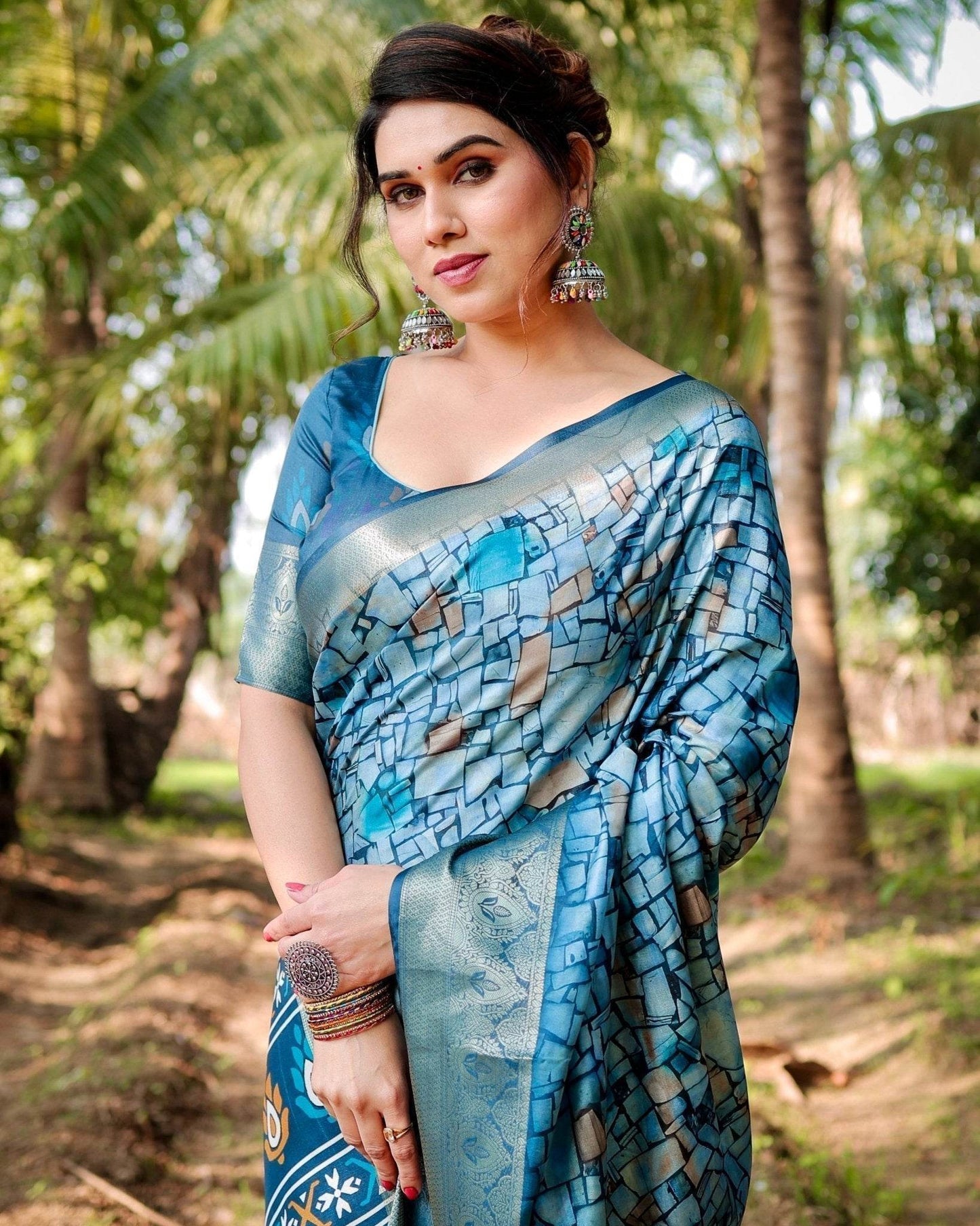 Mesmerizing Blue Tussar Silk Saree with Golden Zari Border and Mosaic-Inspired Pallu Design - SEEANS