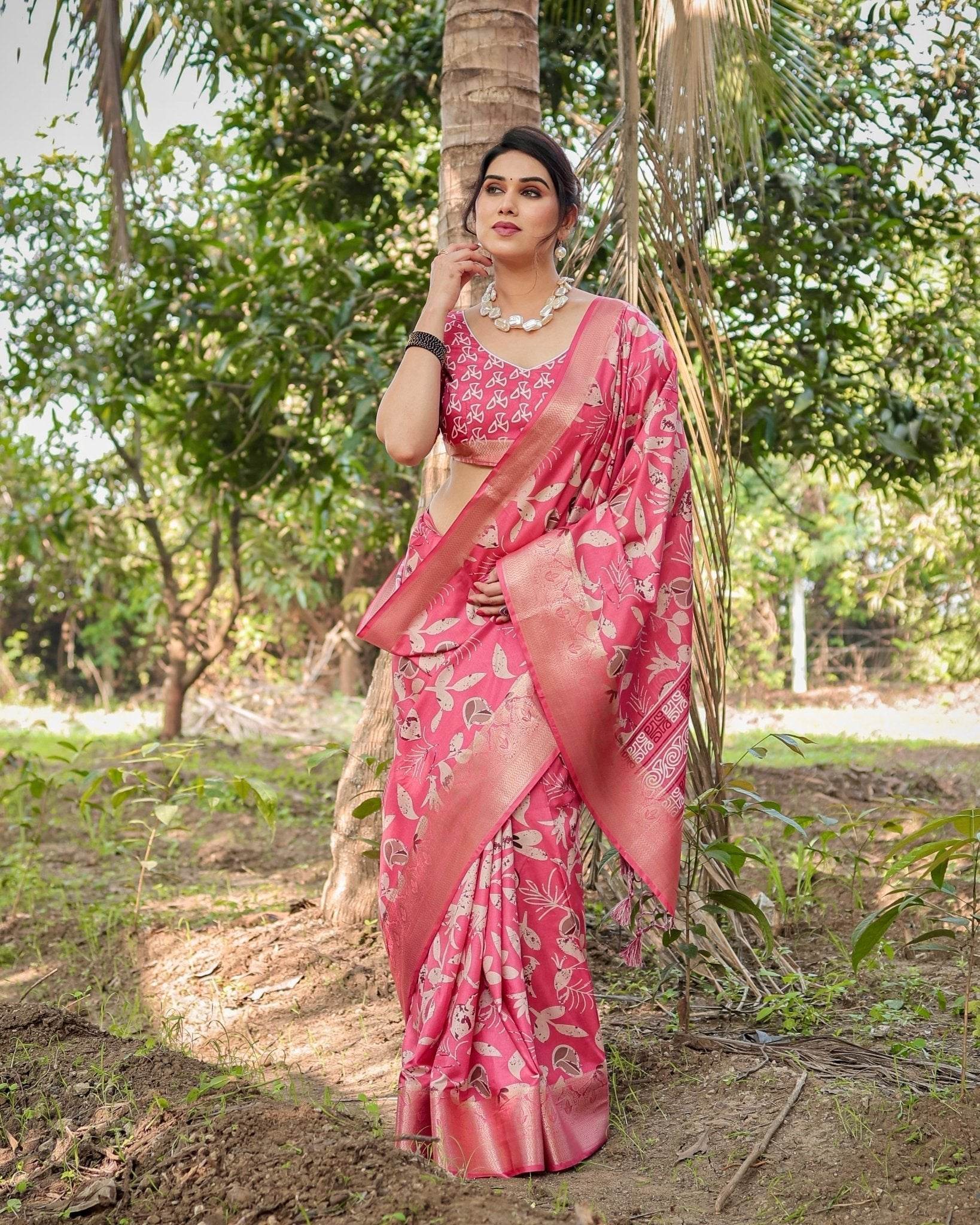 Vibrant Pink Tussar Silk Saree with Intricate Zari Border and Modern Floral Pallu - SEEANS