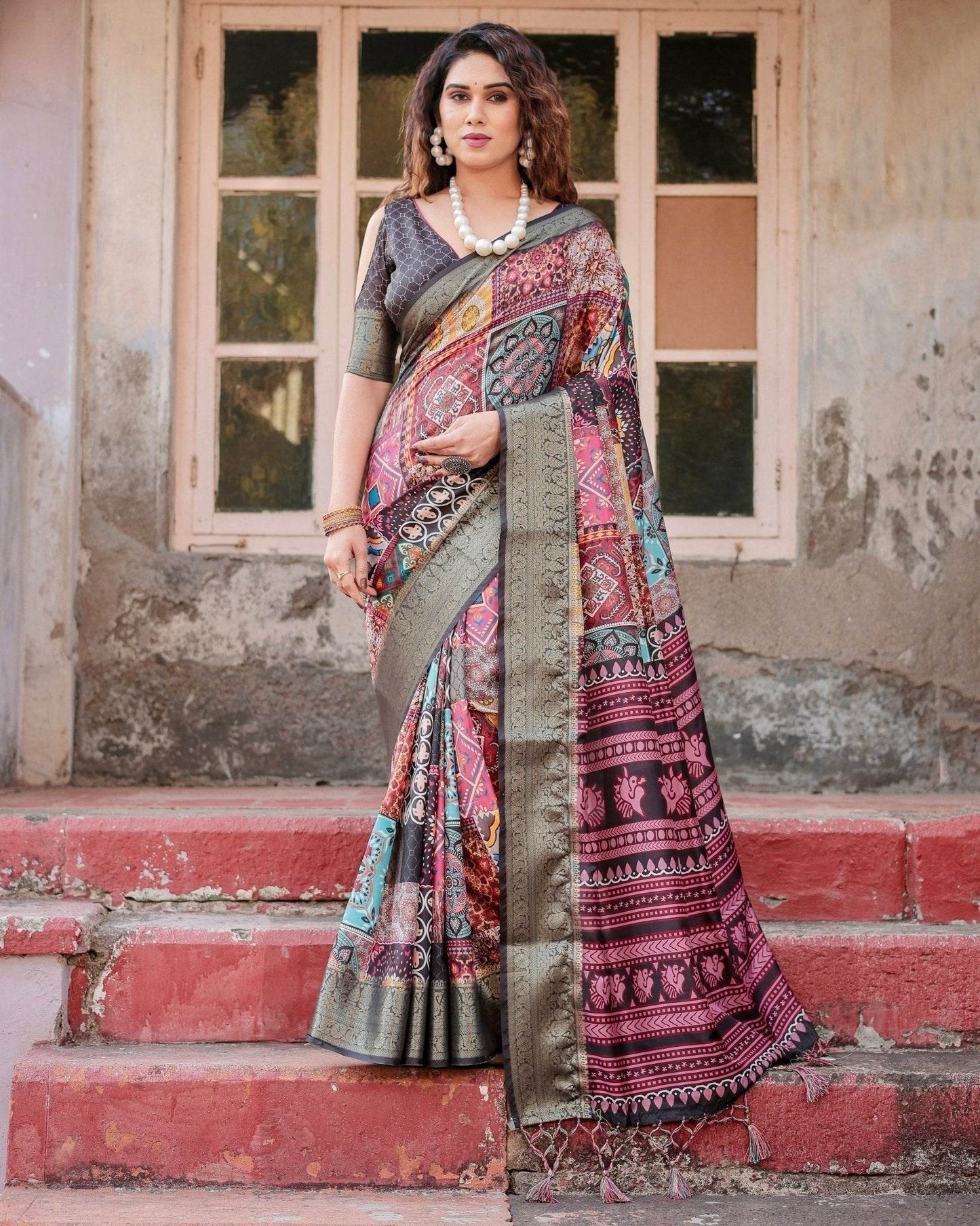 Multicolor Tussar Silk Saree with Ornamental Patchwork and Olive Zari Border - SEEANS