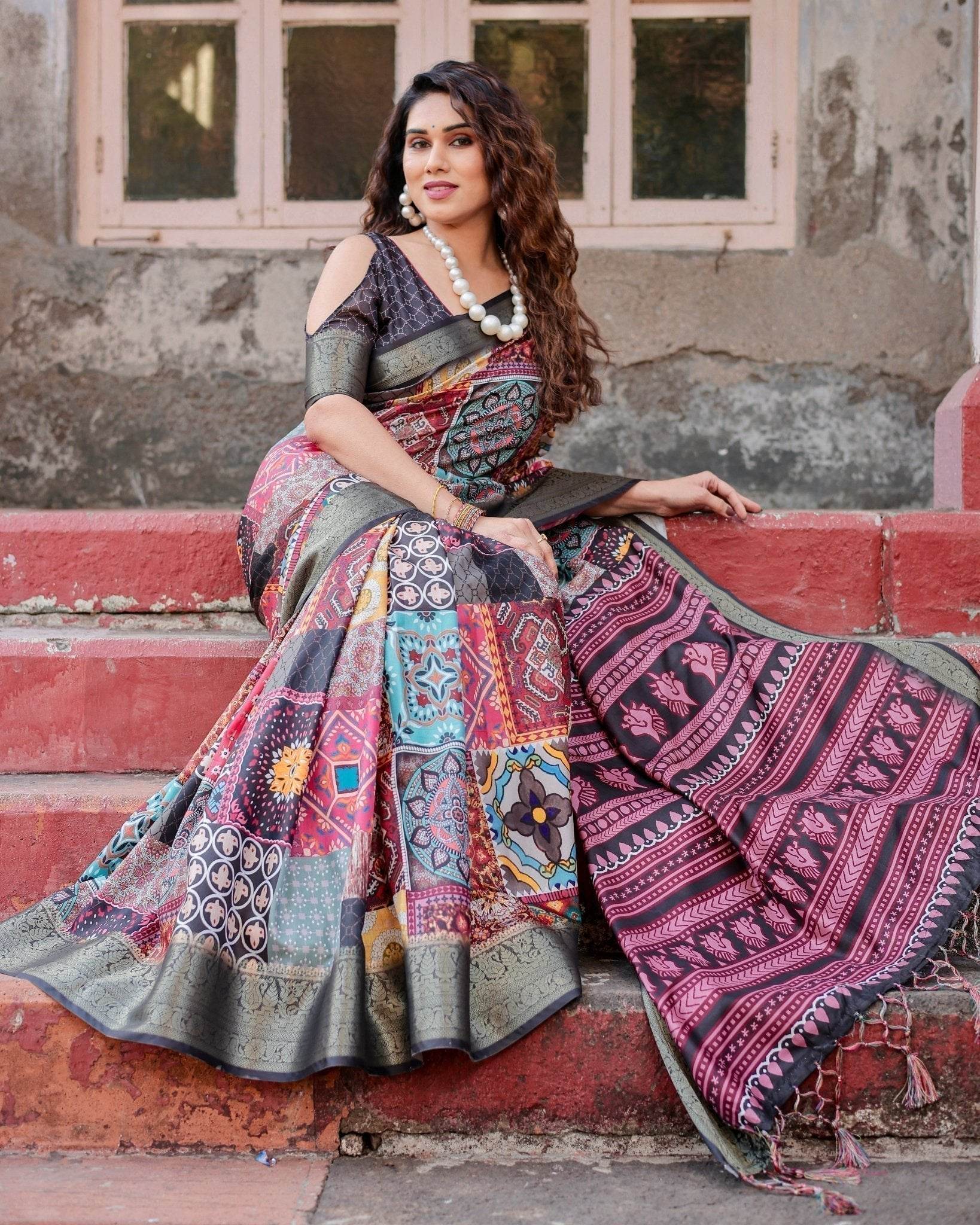 Multicolor Tussar Silk Saree with Ornamental Patchwork and Olive Zari Border - SEEANS