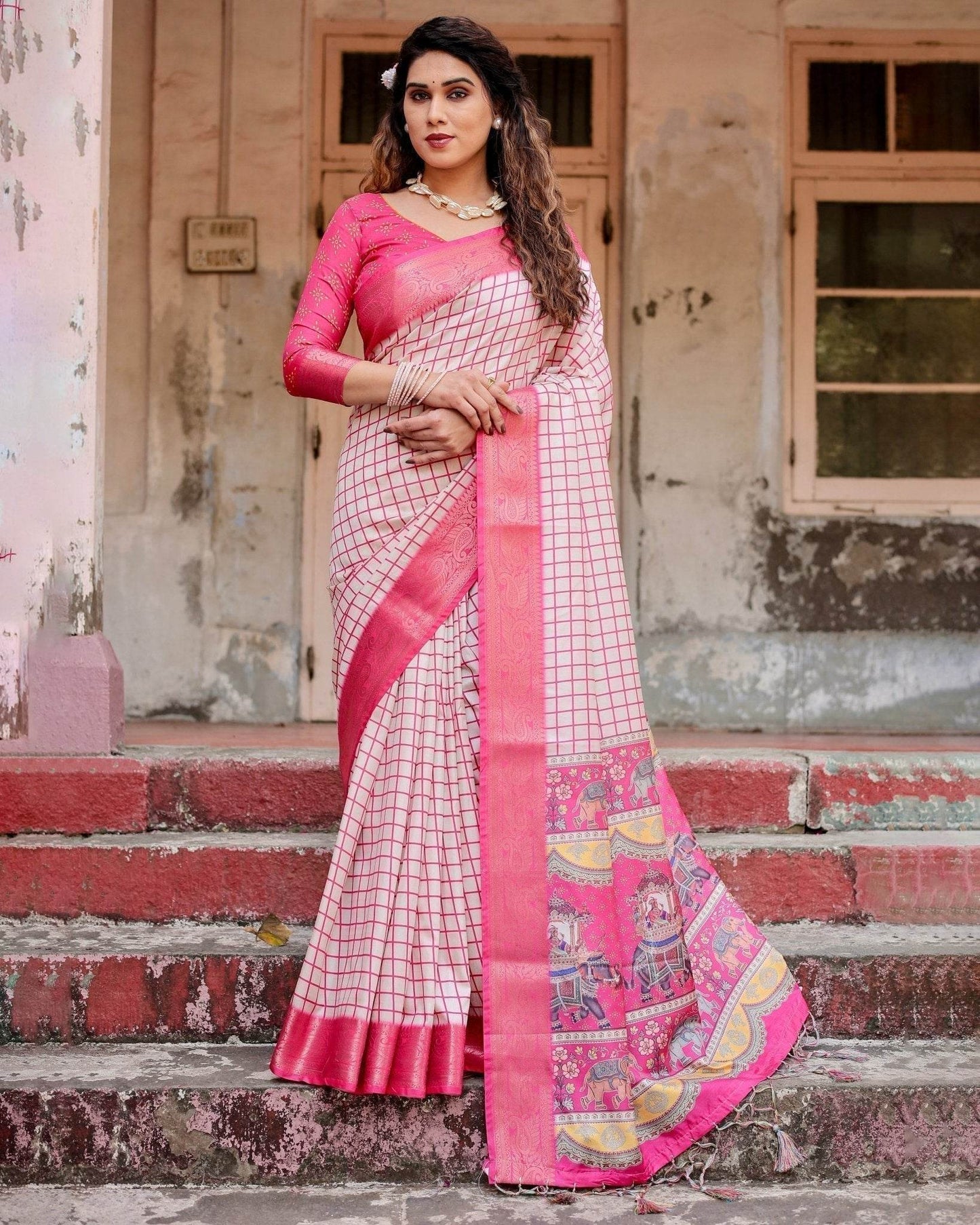 Pink and Ivory Tussar Silk Saree with Golden Zari Border and Majestic Elephant Motif Pallu - SEEANS