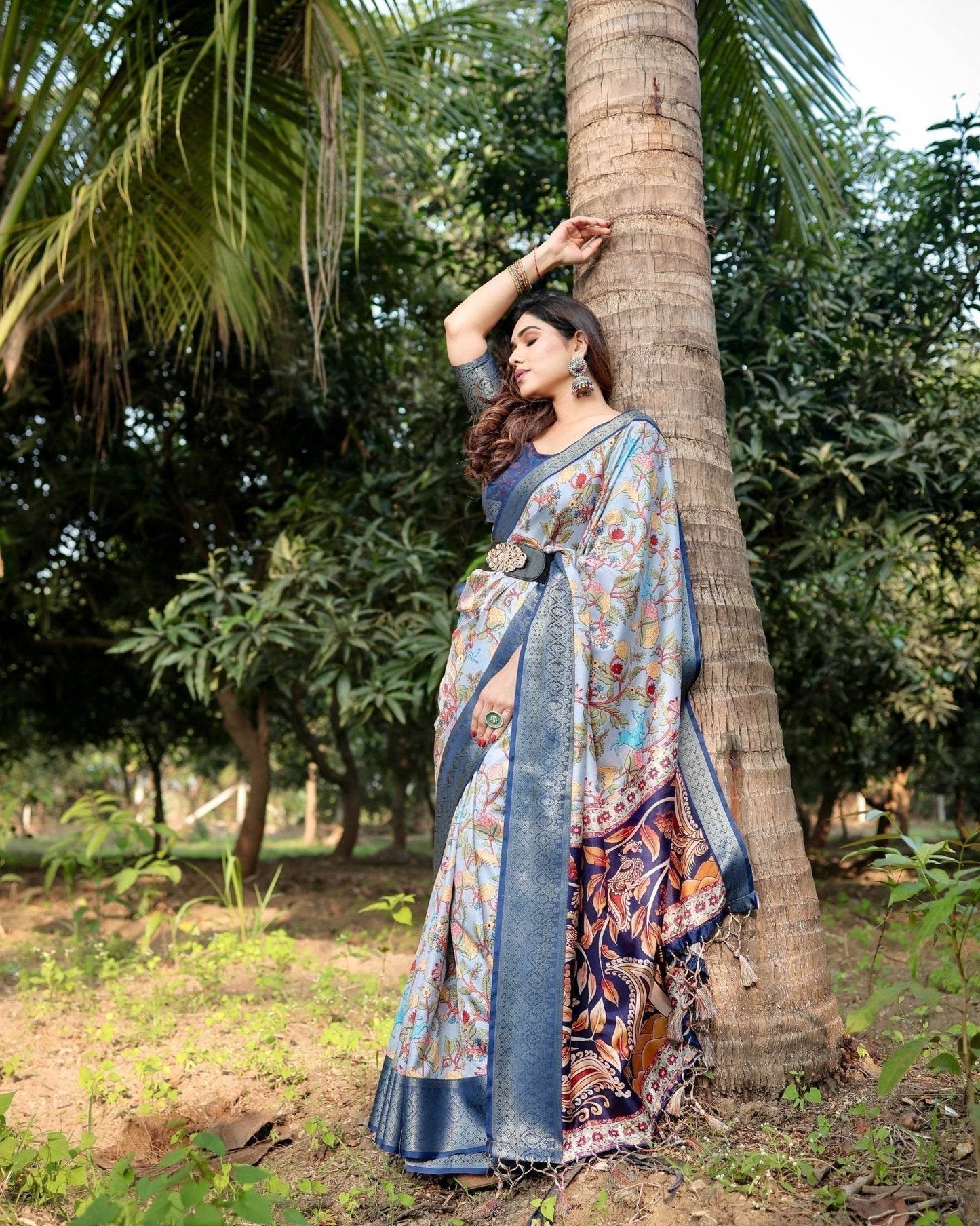 Sky Blue and Navy Digital Print Tussar Silk Saree with Zari Woven Border and Floral Motif Pallu - SEEANS