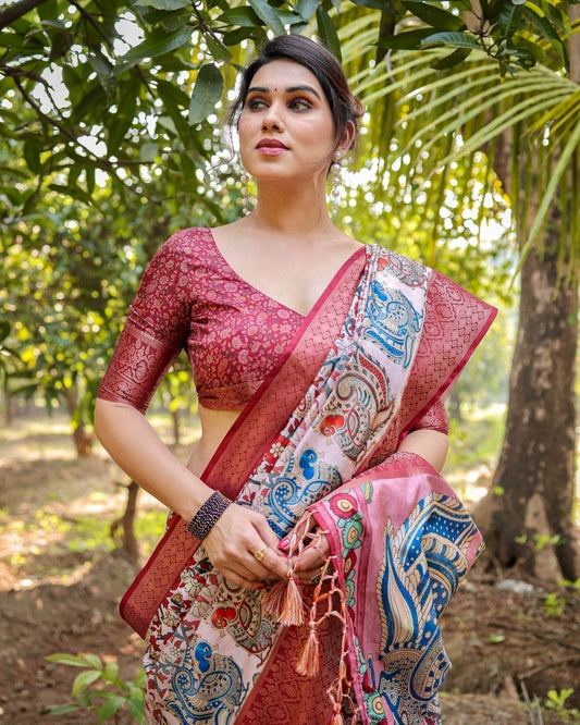 Blush Pink Digital Print Tussar Silk Saree with Zari Border and Peacock Motif Pallu - SEEANS