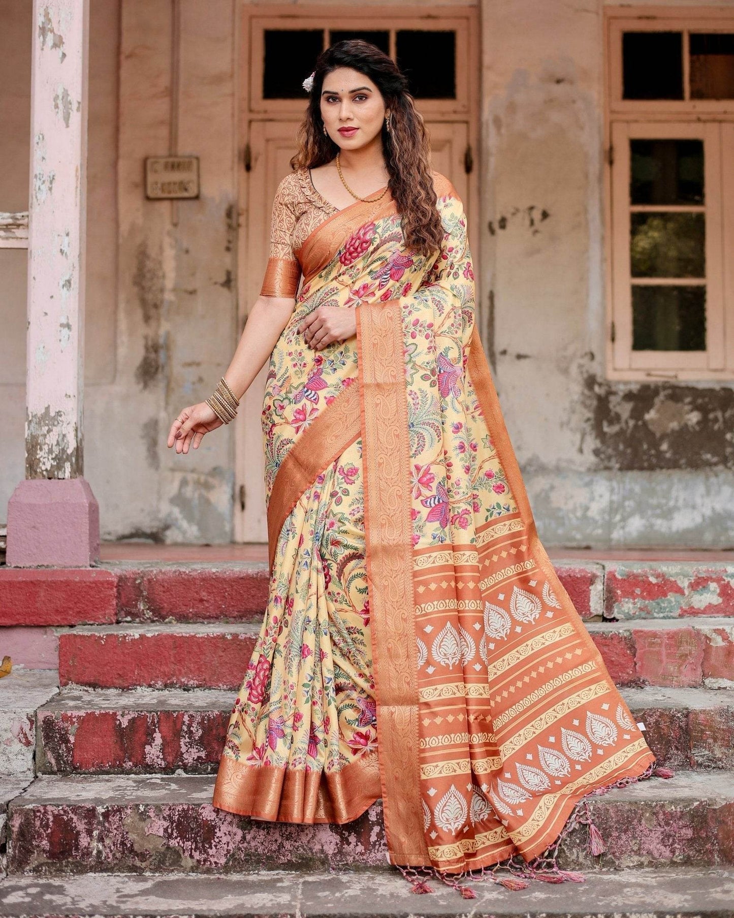 Golden Beige Tussar Silk Saree with Floral Paradise Print and Ornate Zari Border - SEEANS