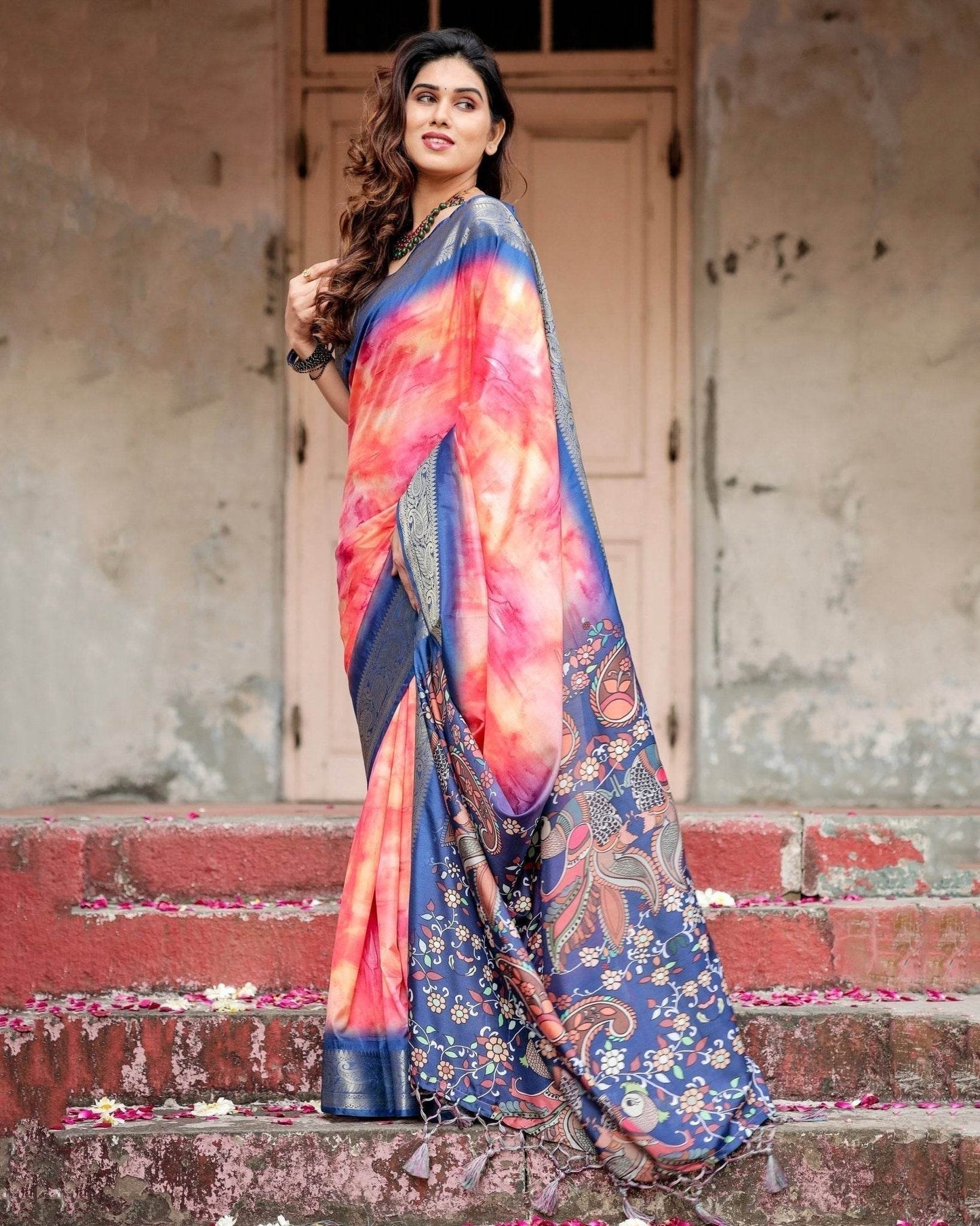 Pink and Blue Digital Printed Saree with Peacock Motif and Tassel Detail - SEEANS