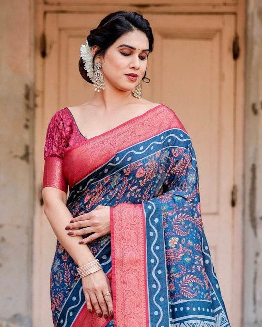 Teal Blue and Coral Tussar Silk Saree with Floral Weaves and Geometric Pallu - SEEANS