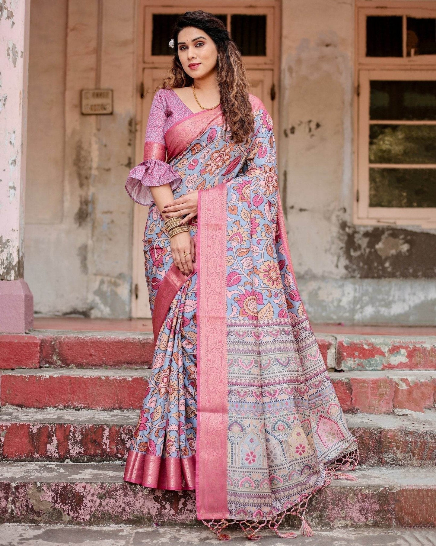 Graceful Grey Tussar Silk Saree with Pink Zari Border and Intricate Floral Motifs - SEEANS