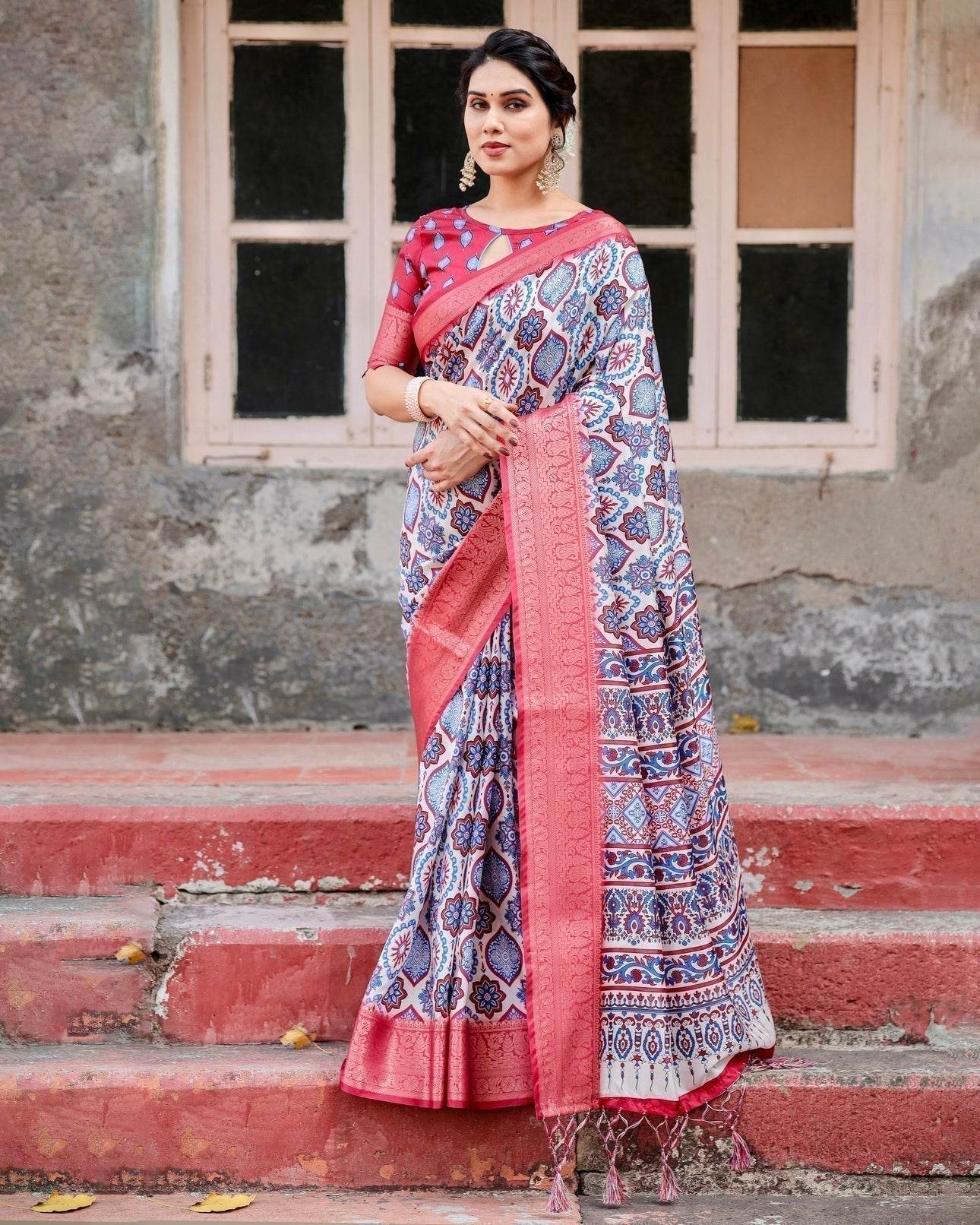 White and Red Tussar Silk Saree with Vibrant Floral Geometric Motifs and Ornamental Zari Border - SEEANS