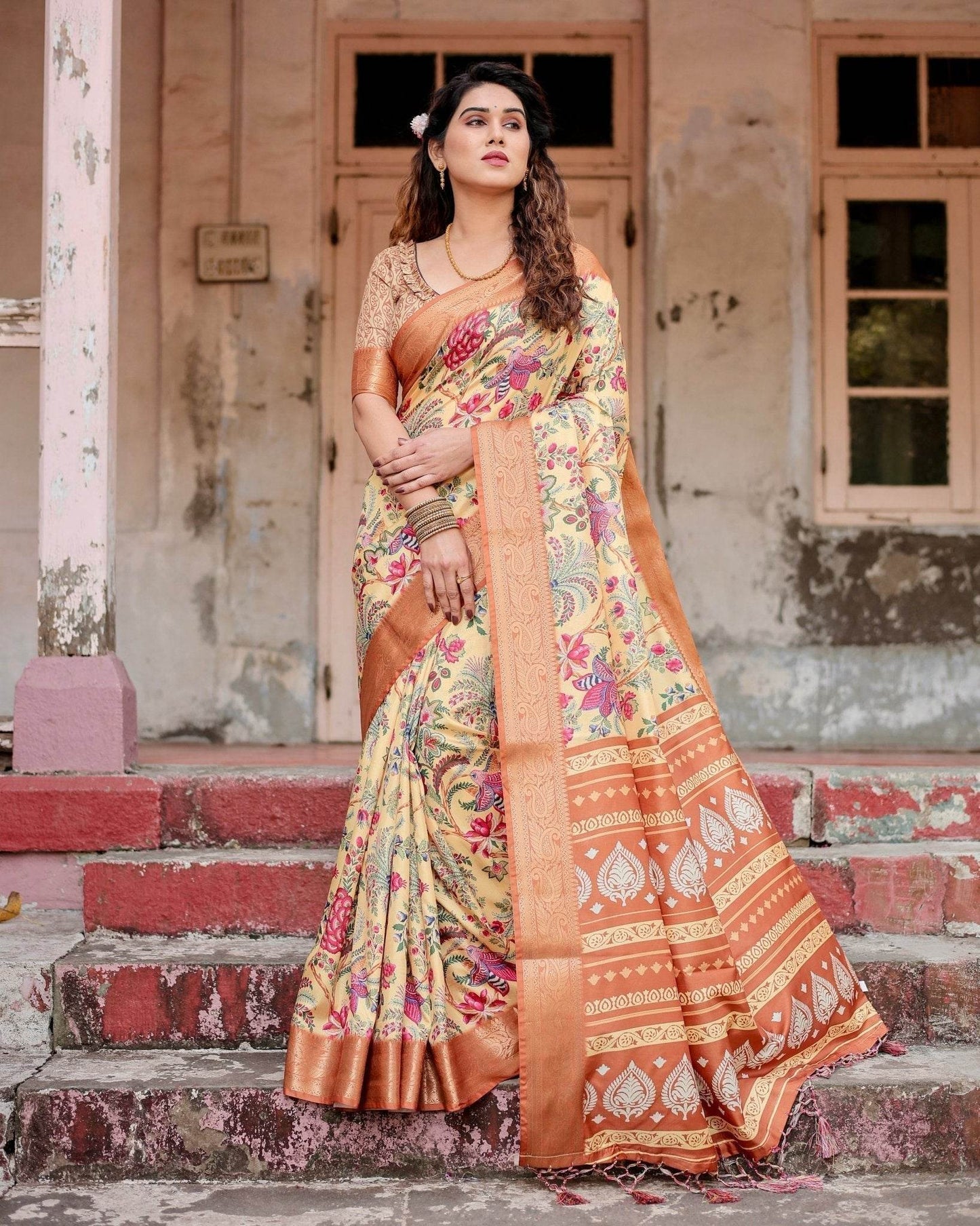 Golden Beige Tussar Silk Saree with Floral Paradise Print and Ornate Zari Border - SEEANS