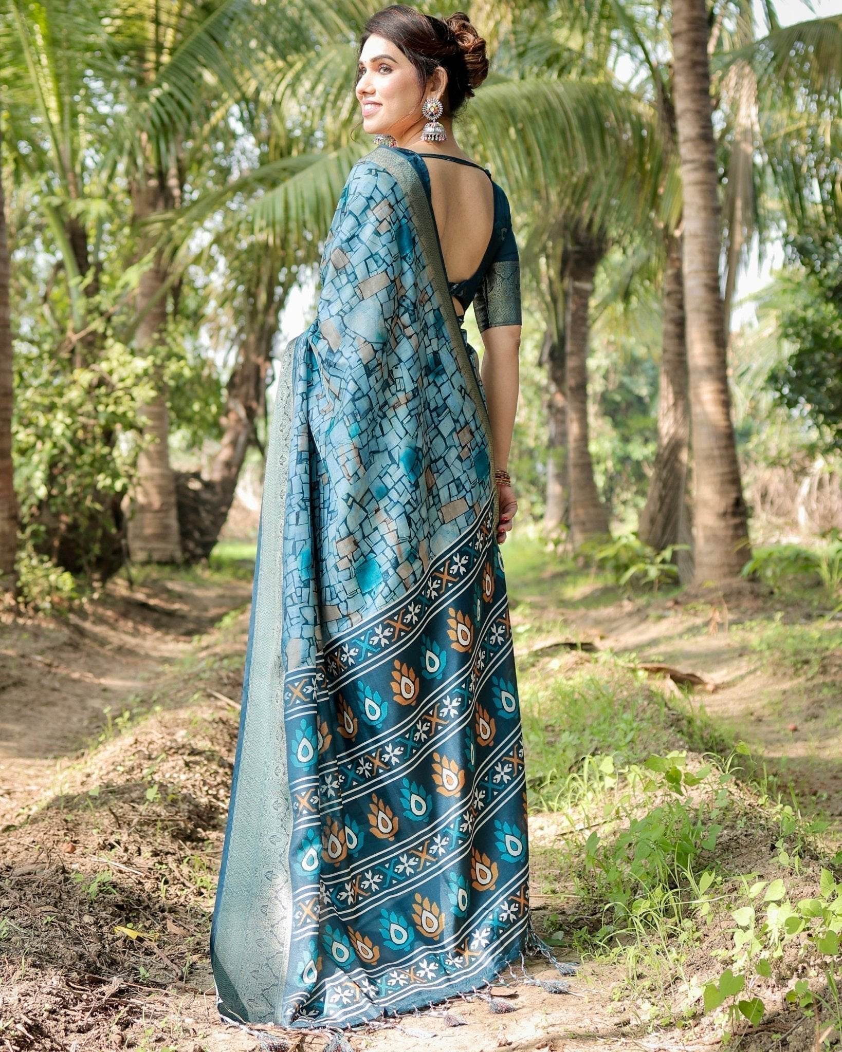 Mesmerizing Blue Tussar Silk Saree with Golden Zari Border and Mosaic-Inspired Pallu Design - SEEANS