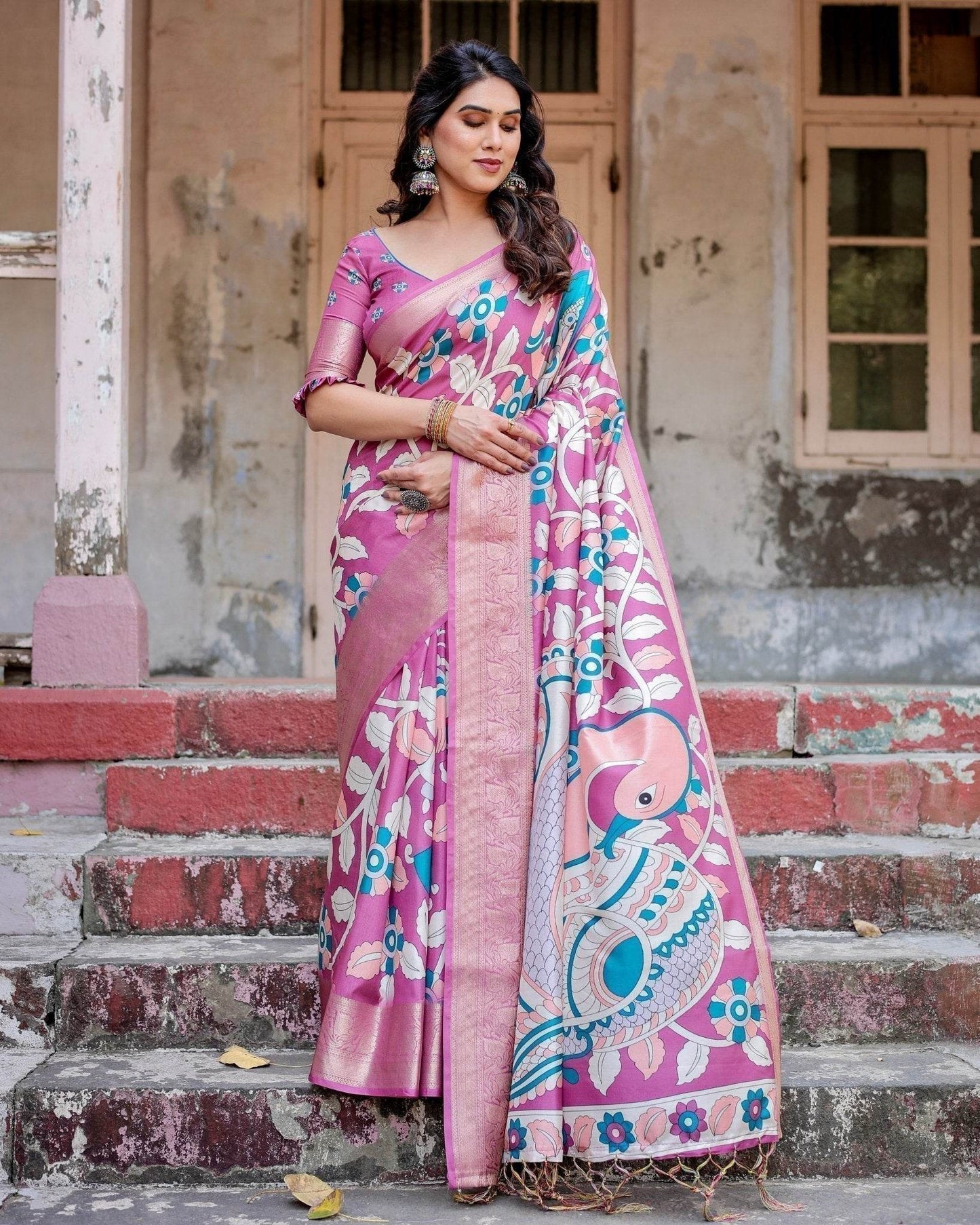 Blush Pink Tussar Silk Saree with Elegant Peacock and Floral Kalamkari Design - SEEANS