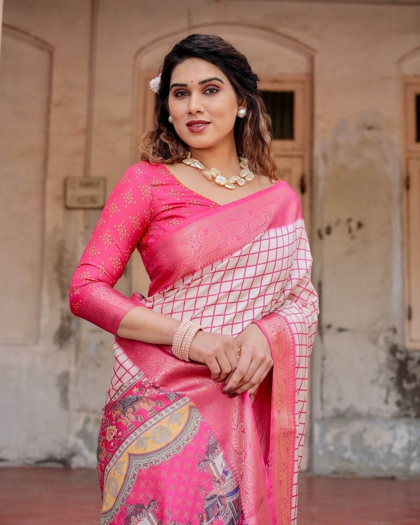 Pink and Ivory Tussar Silk Saree with Golden Zari Border and Majestic Elephant Motif Pallu - SEEANS