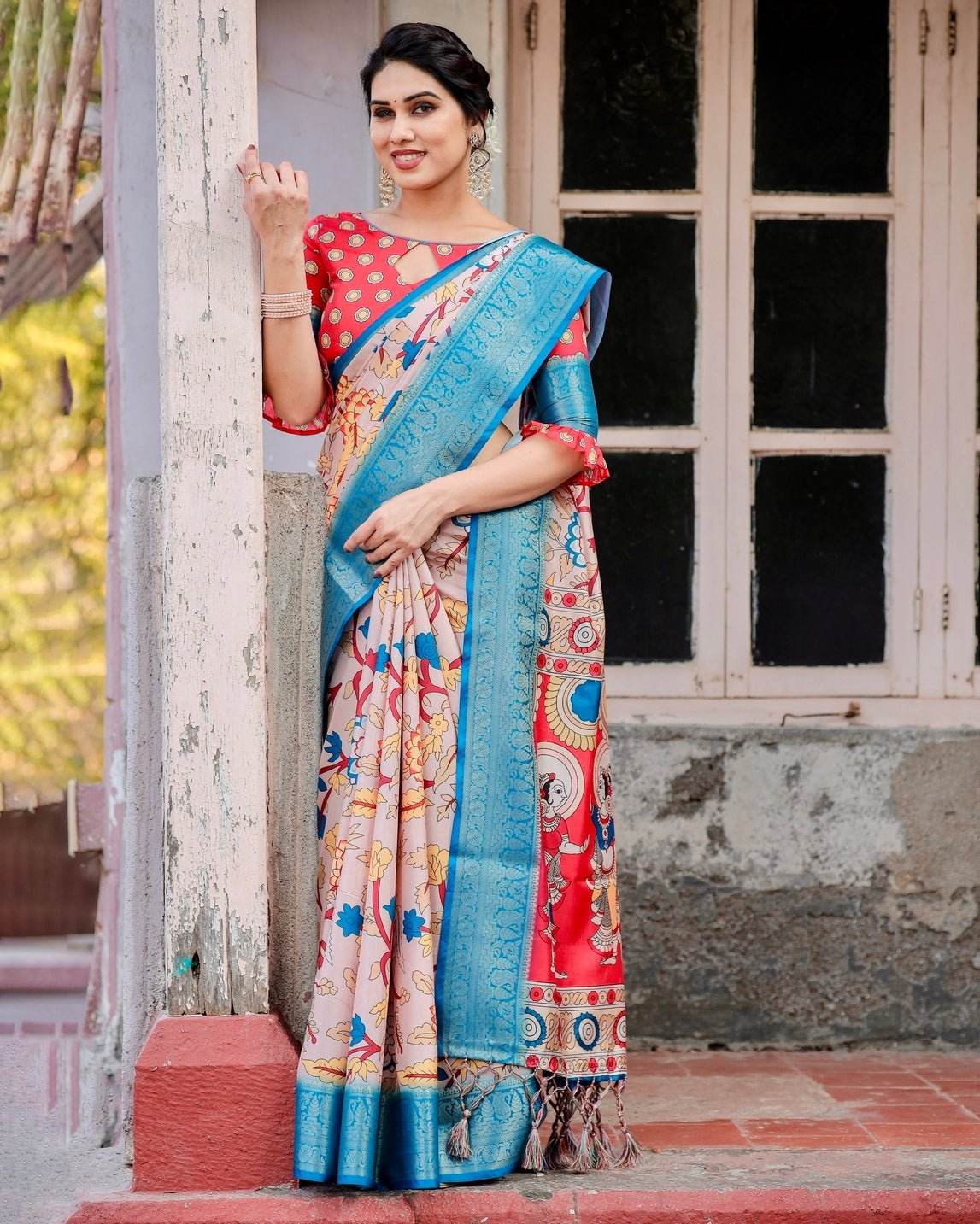 Beige and Red Tussar Silk Saree with Divine Motifs and Floral Zari Border - SEEANS