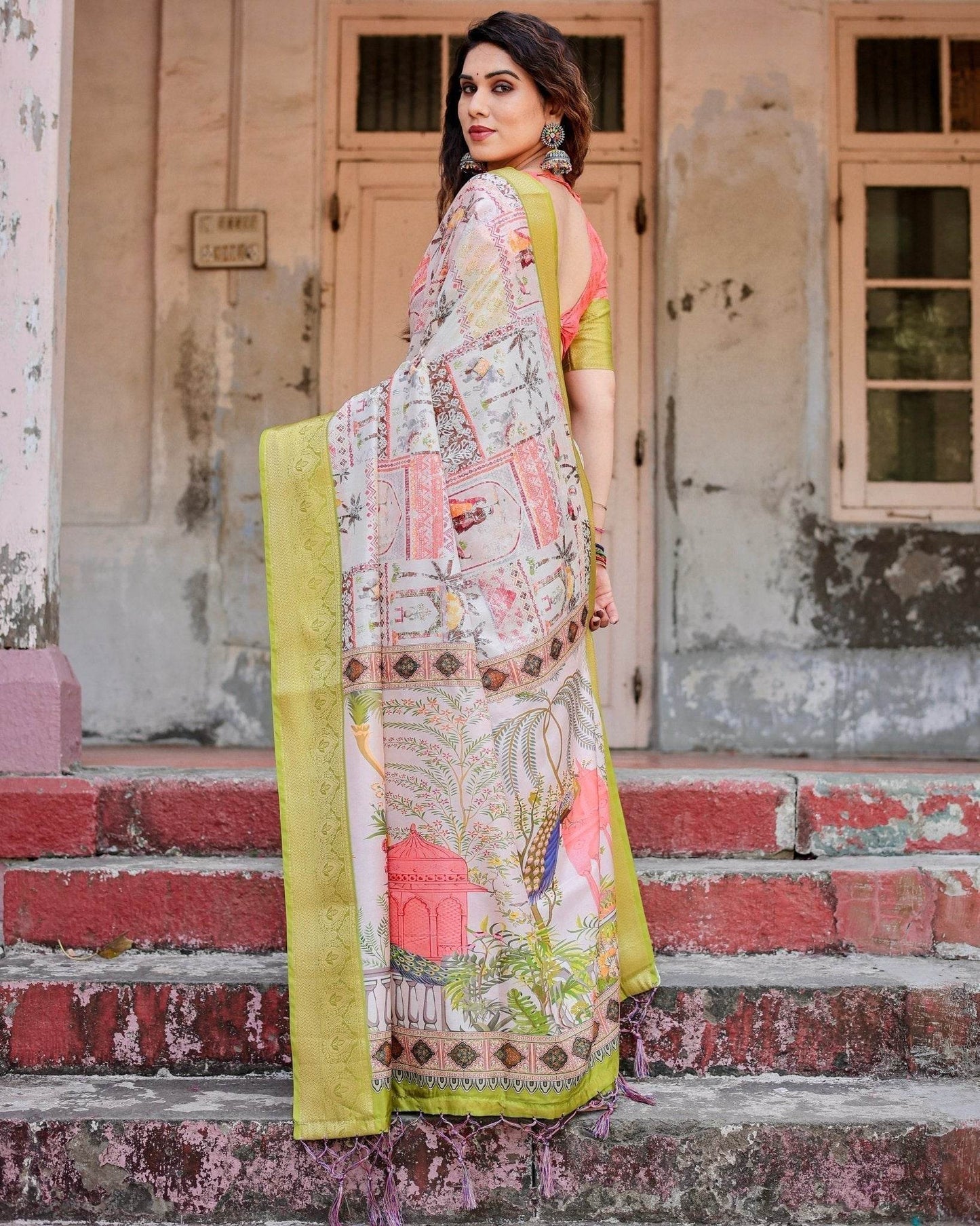 Pastel Tussar Silk Saree with Lime Green Zari Border and Hand-Painted Heritage Designs - SEEANS