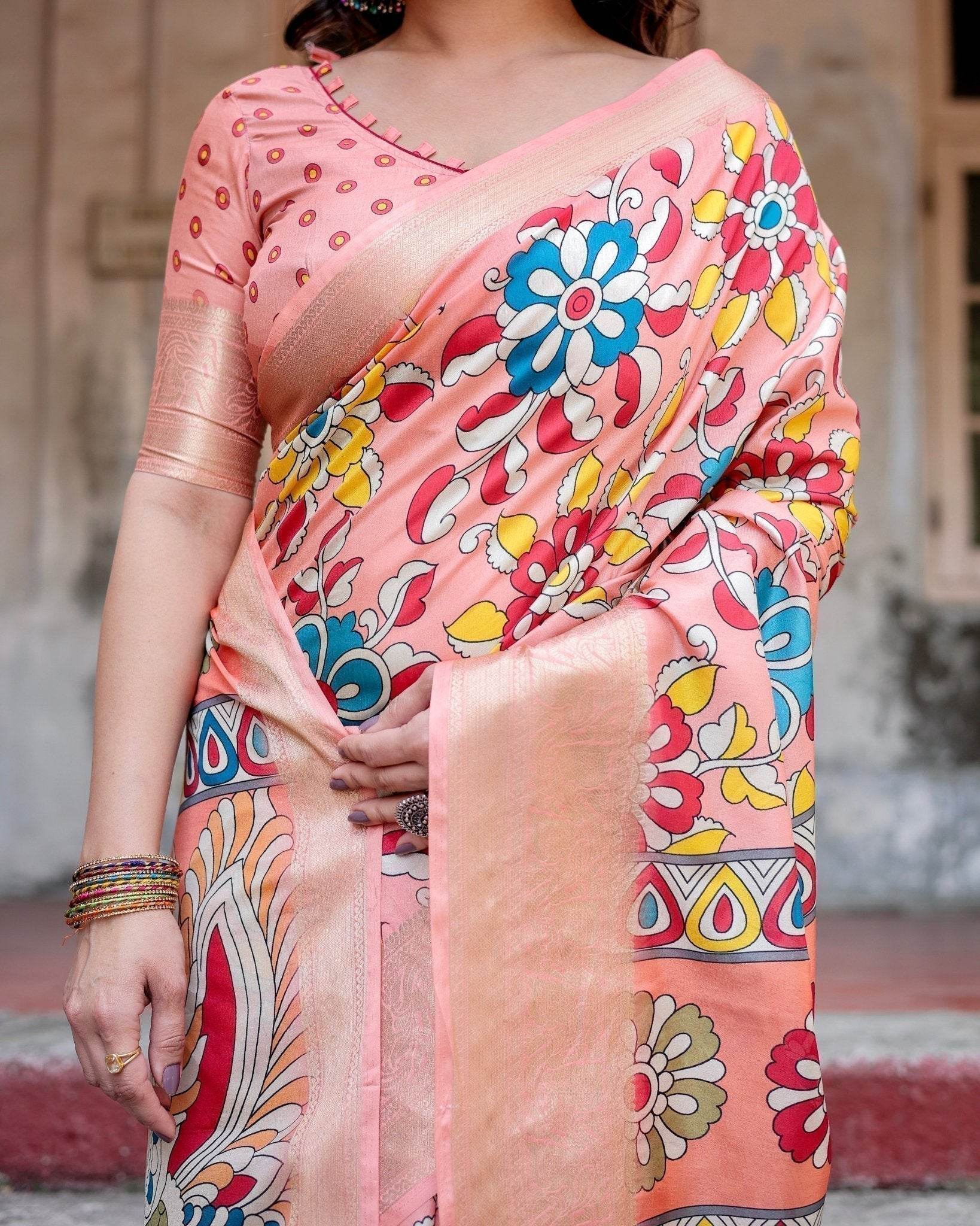 Peach Tussar Silk Saree with Vibrant Floral Kalamkari and Zari Highlights - SEEANS