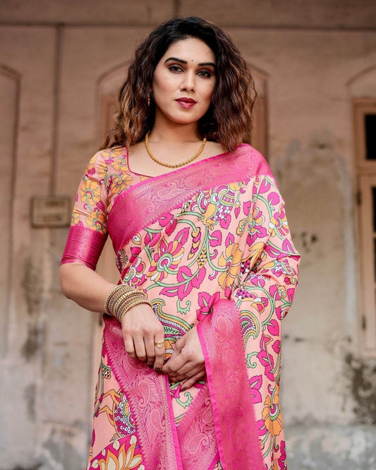 Peach and Fuchsia Floral Digital Print Tussar Silk Saree with Zari Border and Paisley Pallu - SEEANS