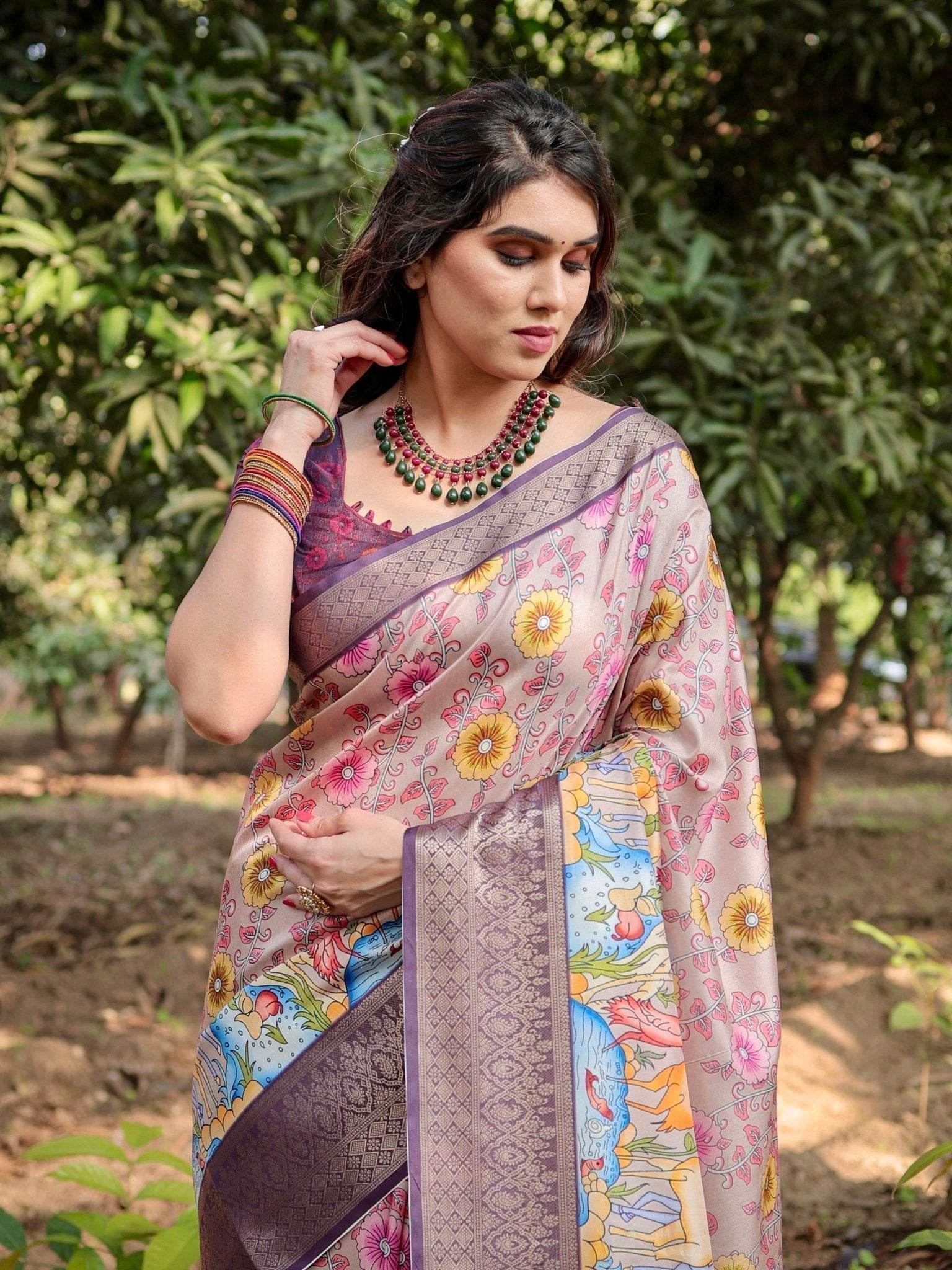 Pastel Beige Tussar Silk Saree with Vibrant Floral Motifs and Zari Border - SEEANS